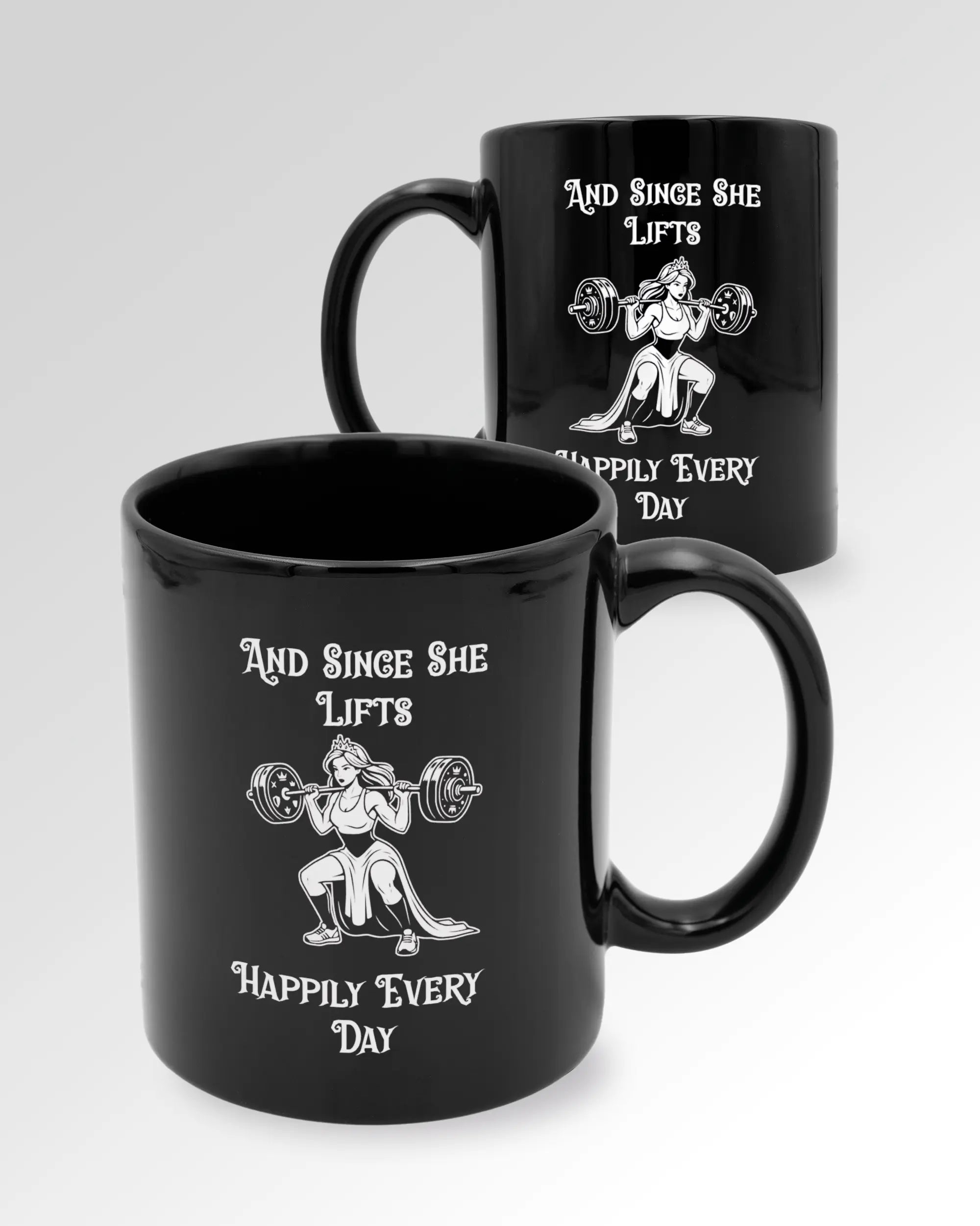 Seitenansicht der beidseitig bedruckten Keramiktasse von Maondo mit dem Design Princess Lift in der Farbe Black