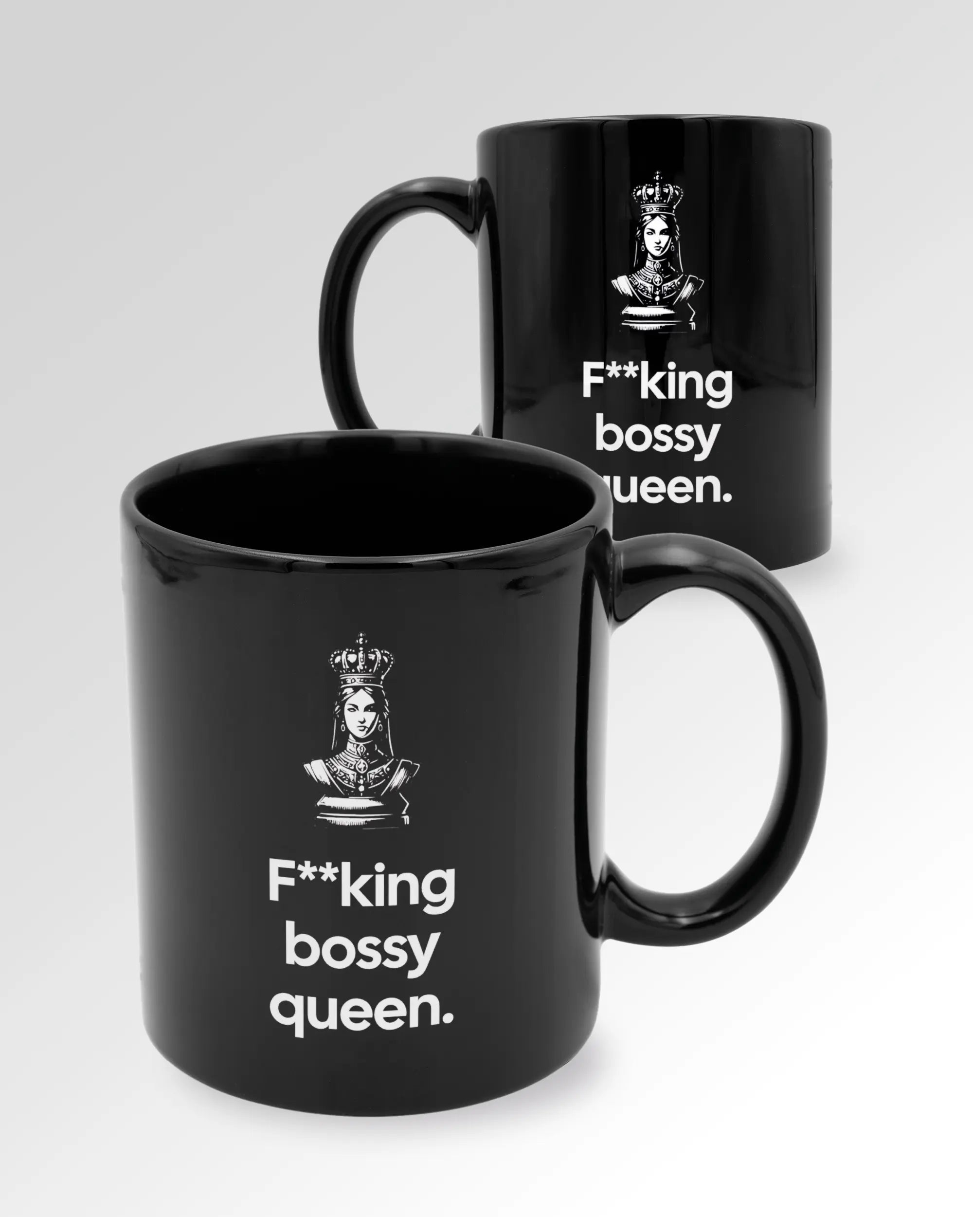 Seitenansicht der beidseitig bedruckten Keramiktasse von Maondo mit dem Design Bossy Queen in der Farbe Black