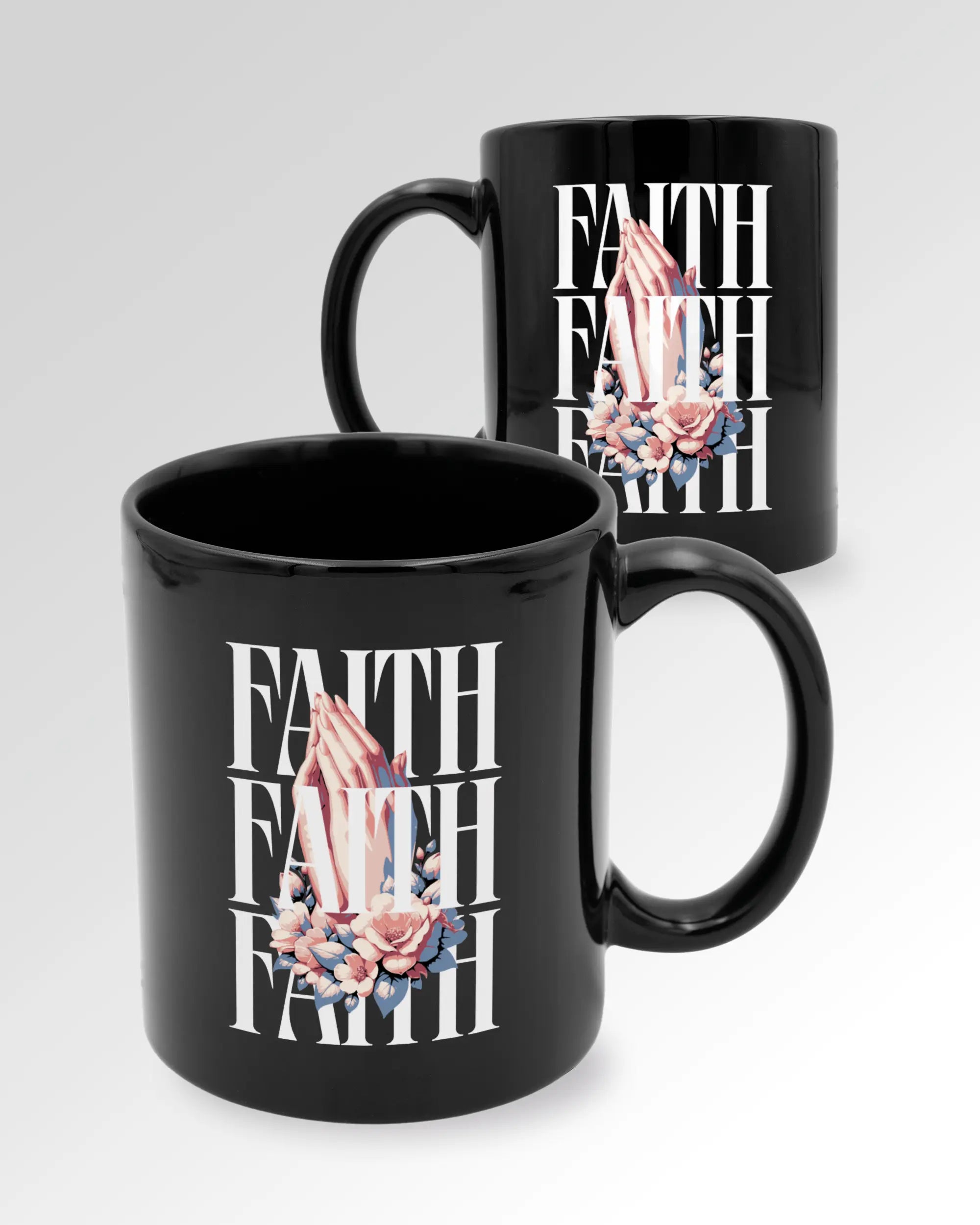 Seitenansicht der beidseitig bedruckten Keramiktasse von Maondo mit dem Design Faith X3 in der Farbe Black