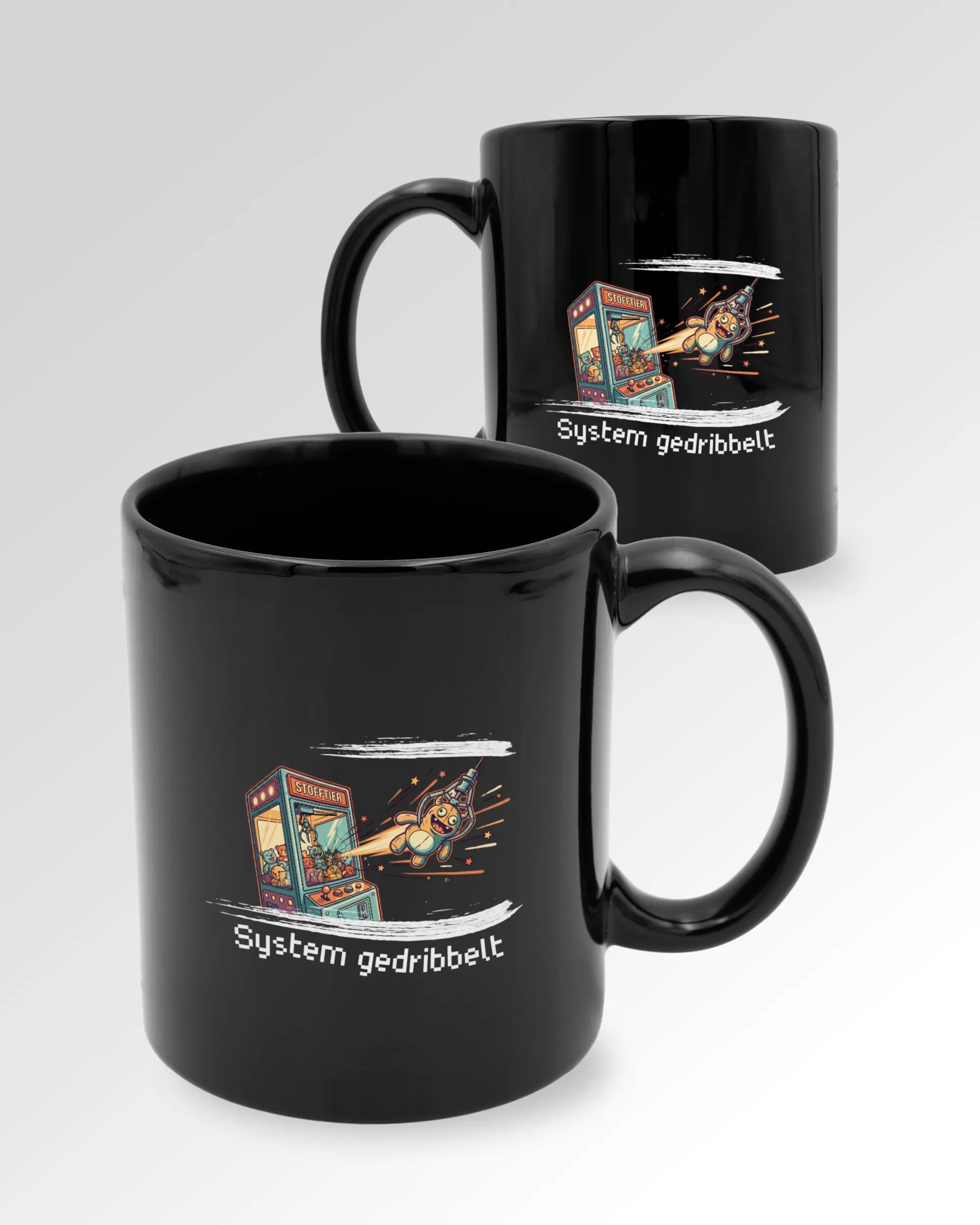 Seitenansicht der beidseitig bedruckten Keramiktasse von Maondo mit dem Design System gedribbelt in der Farbe Black