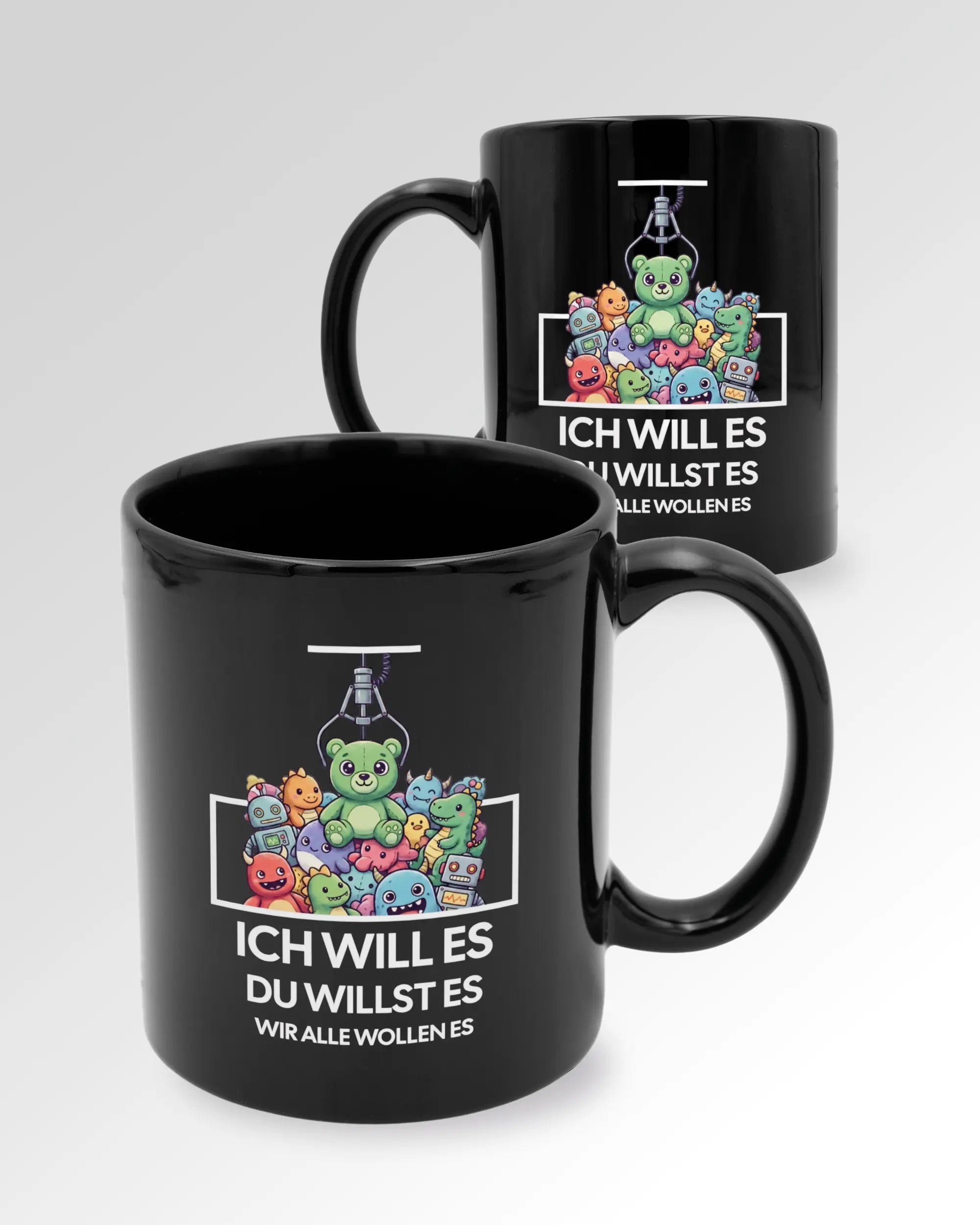 Seitenansicht der beidseitig bedruckten Keramiktasse von Maondo mit dem Design Will Stofftier in der Farbe Black