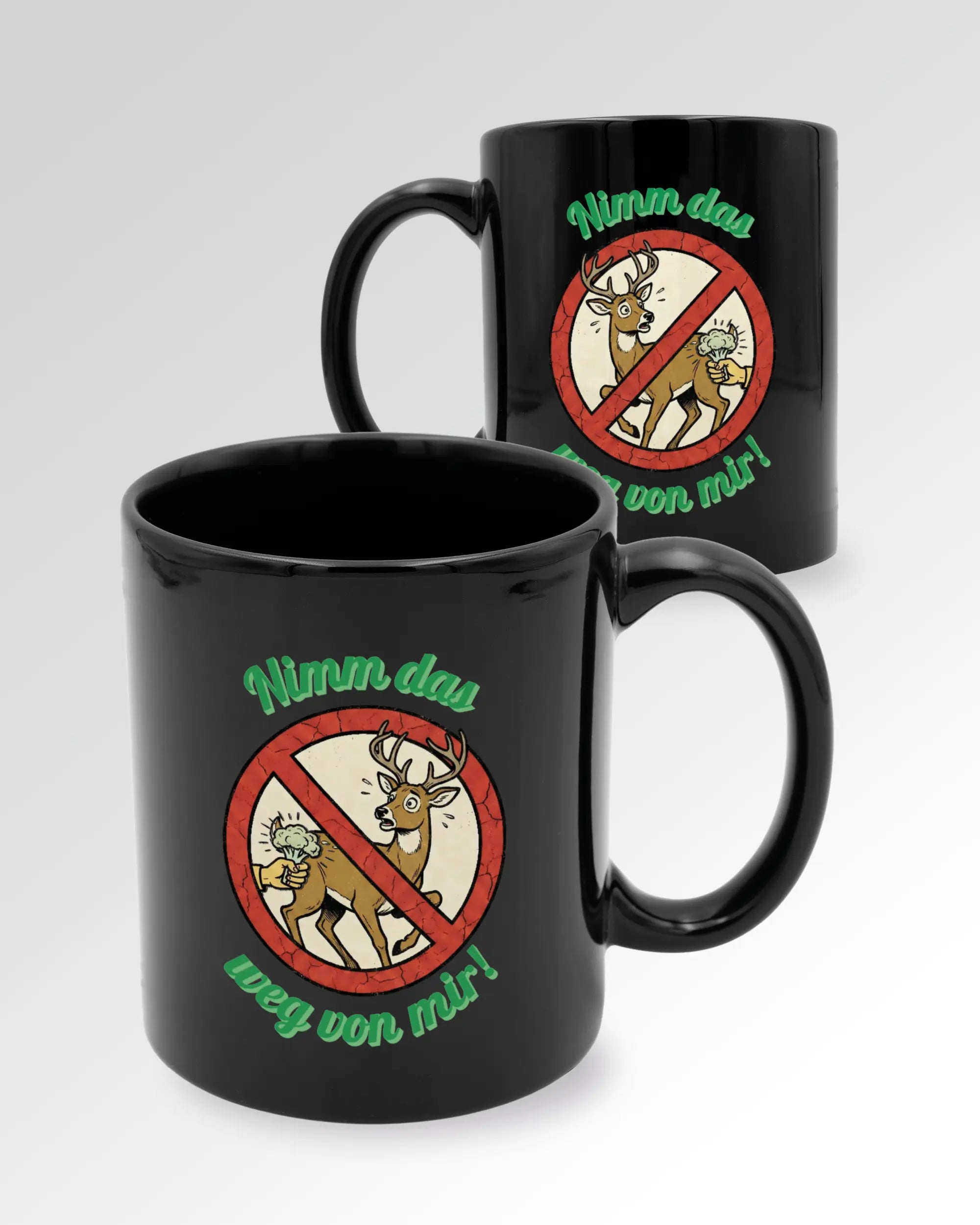 Seitenansicht der beidseitig bedruckten Keramiktasse von Maondo mit dem Design Reh weg in der Farbe Black