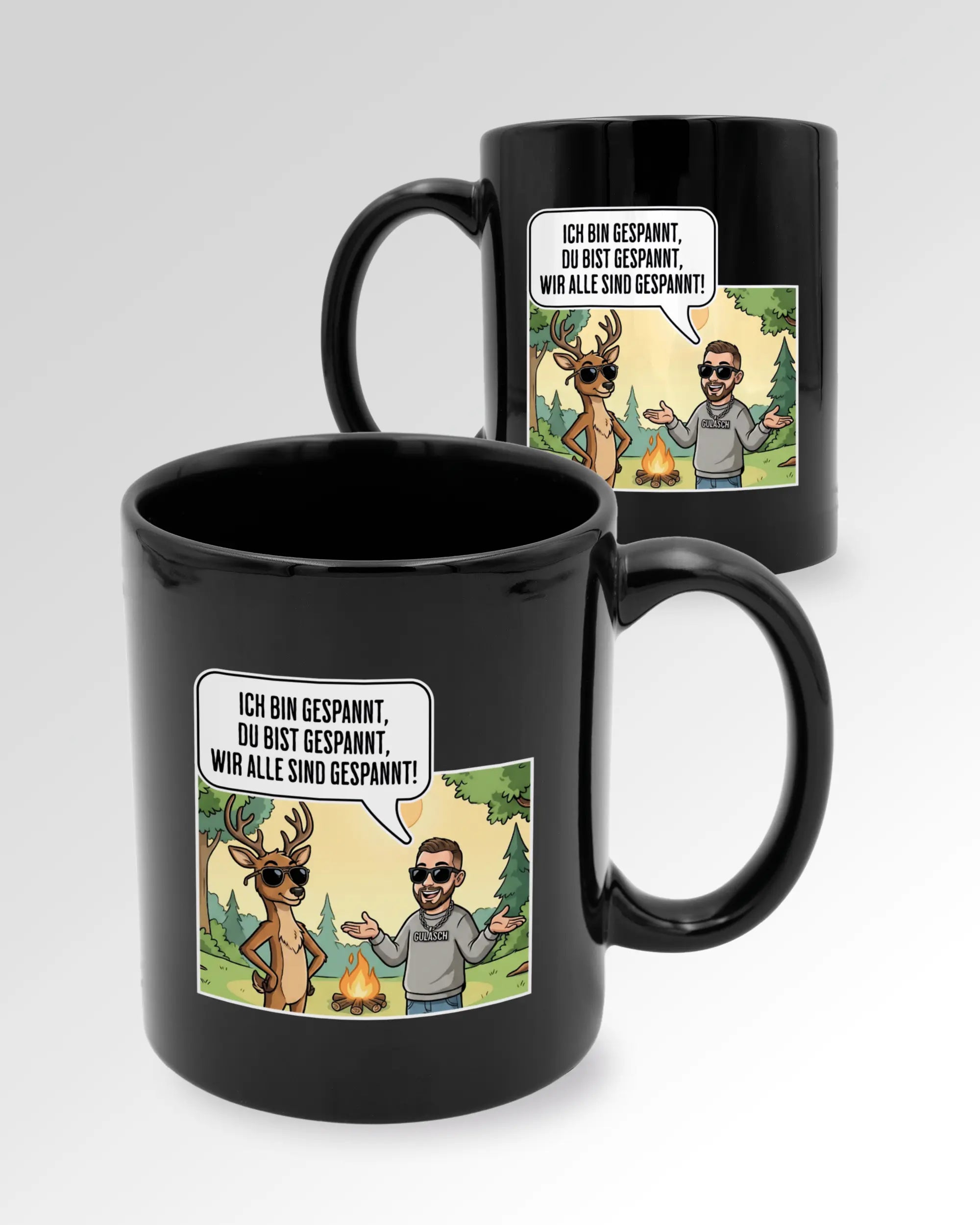 Seitenansicht der beidseitig bedruckten Keramiktasse von Maondo mit dem Design Vollspannung in der Farbe Black