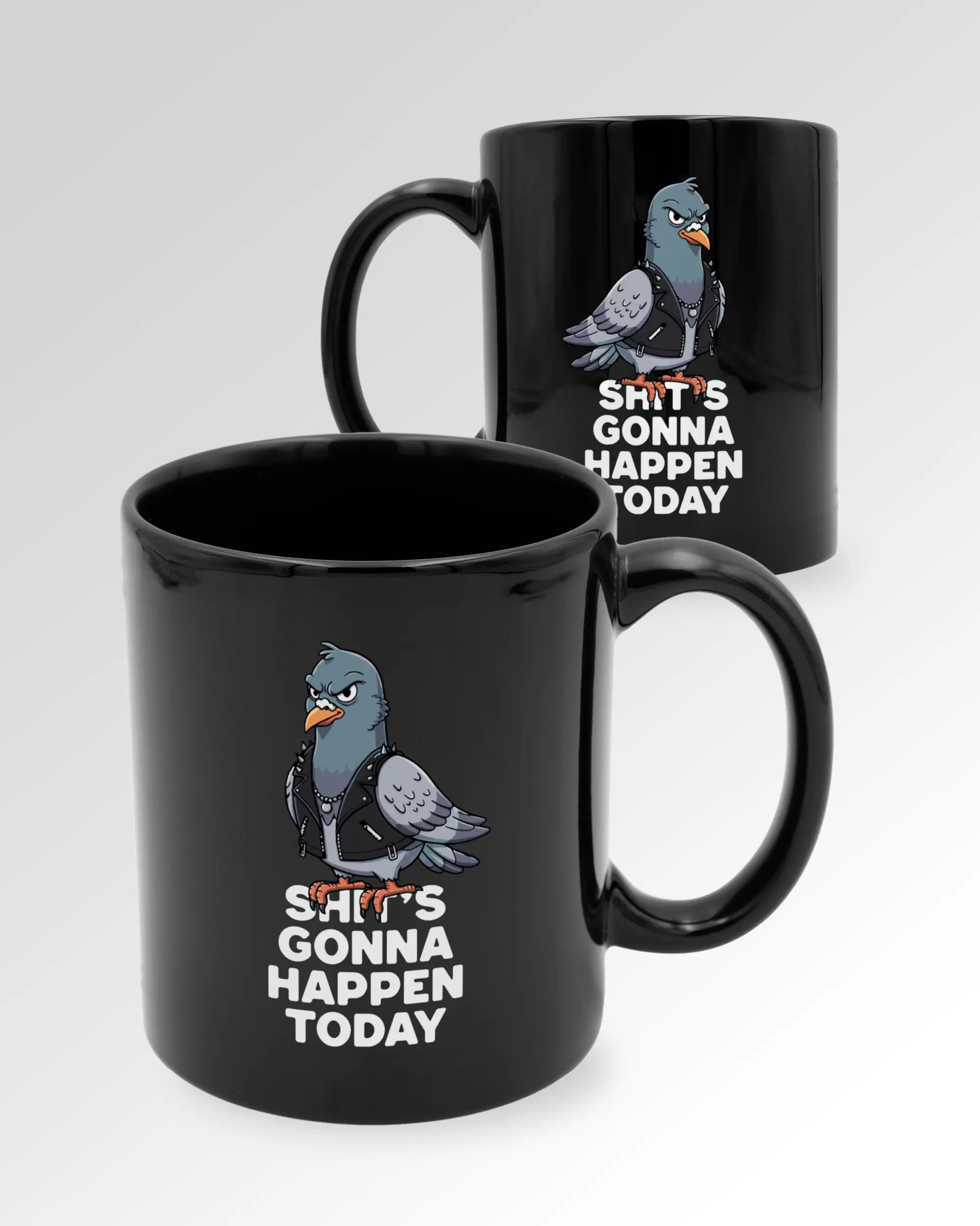Seitenansicht der beidseitig bedruckten Keramiktasse von Maondo mit dem Design Pigeon Pun in der Farbe Black