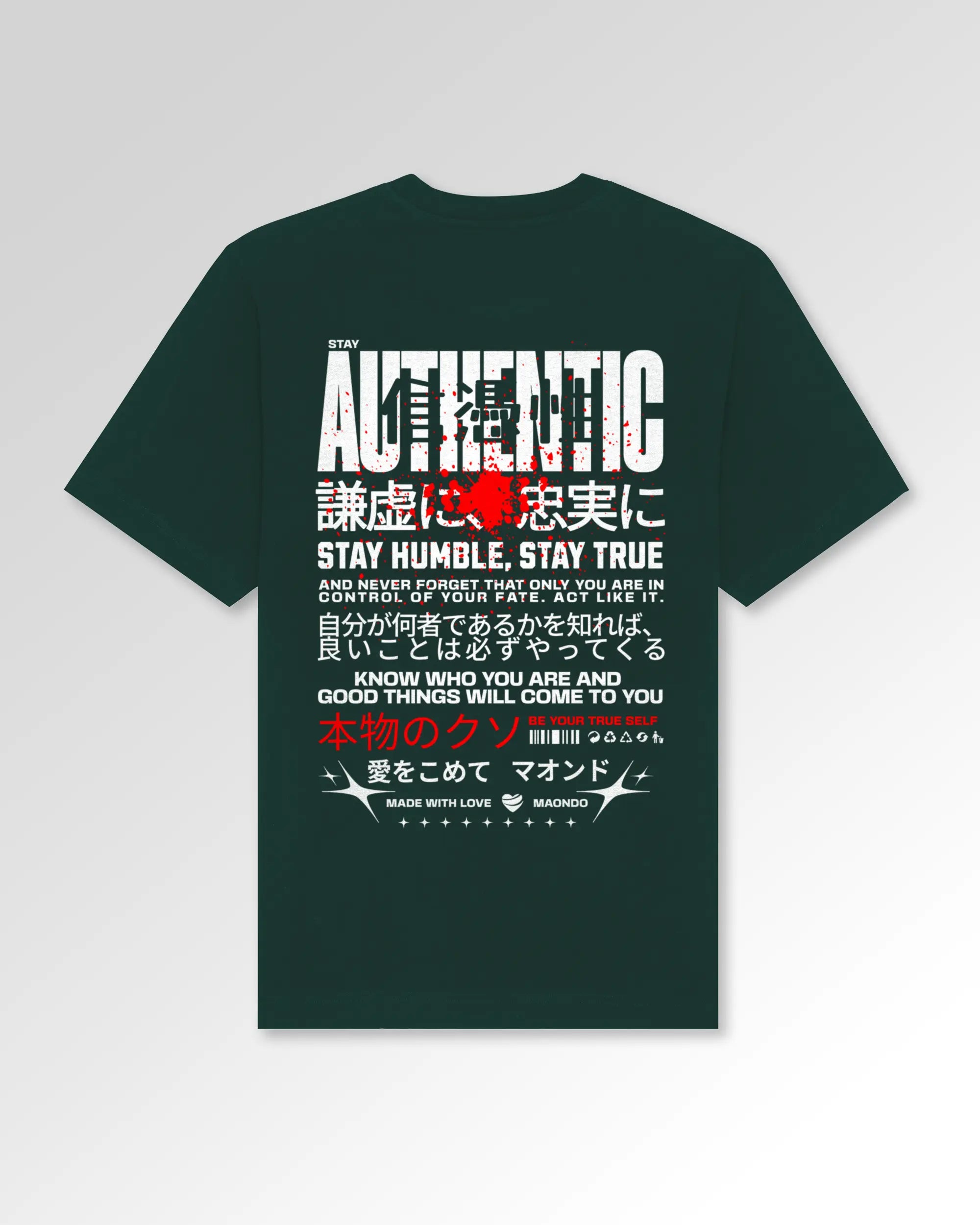 Packshot der sekundären Druckseite des Organic Unisex T-Shirts von Maondo im Oversized Fit mit dem Design Authentic Shit in der Farbe Glazed Green