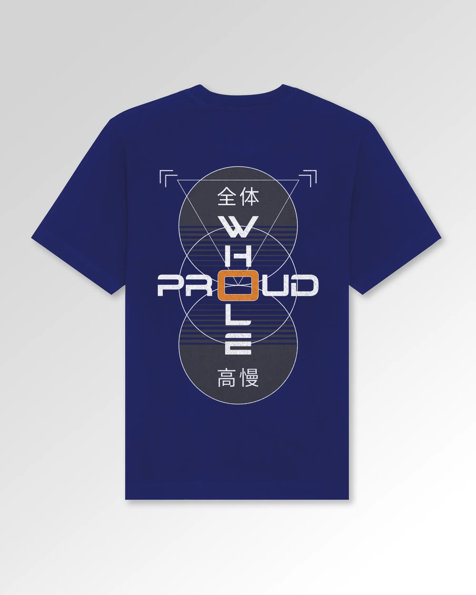 Packshot der sekundären Druckseite des Organic Unisex T-Shirts von Maondo im Oversized Fit mit dem Design Whole and proud in der Farbe Worker Blue