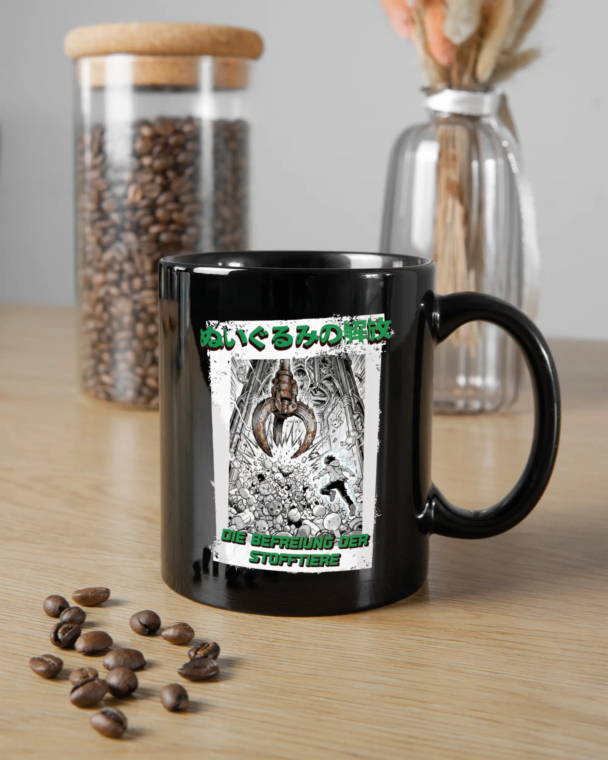 Küchentischansicht der rechten Seite der beidseitig bedruckten Keramiktasse von Maondo mit dem Design Save 1 Stofftier in der Farbe Black