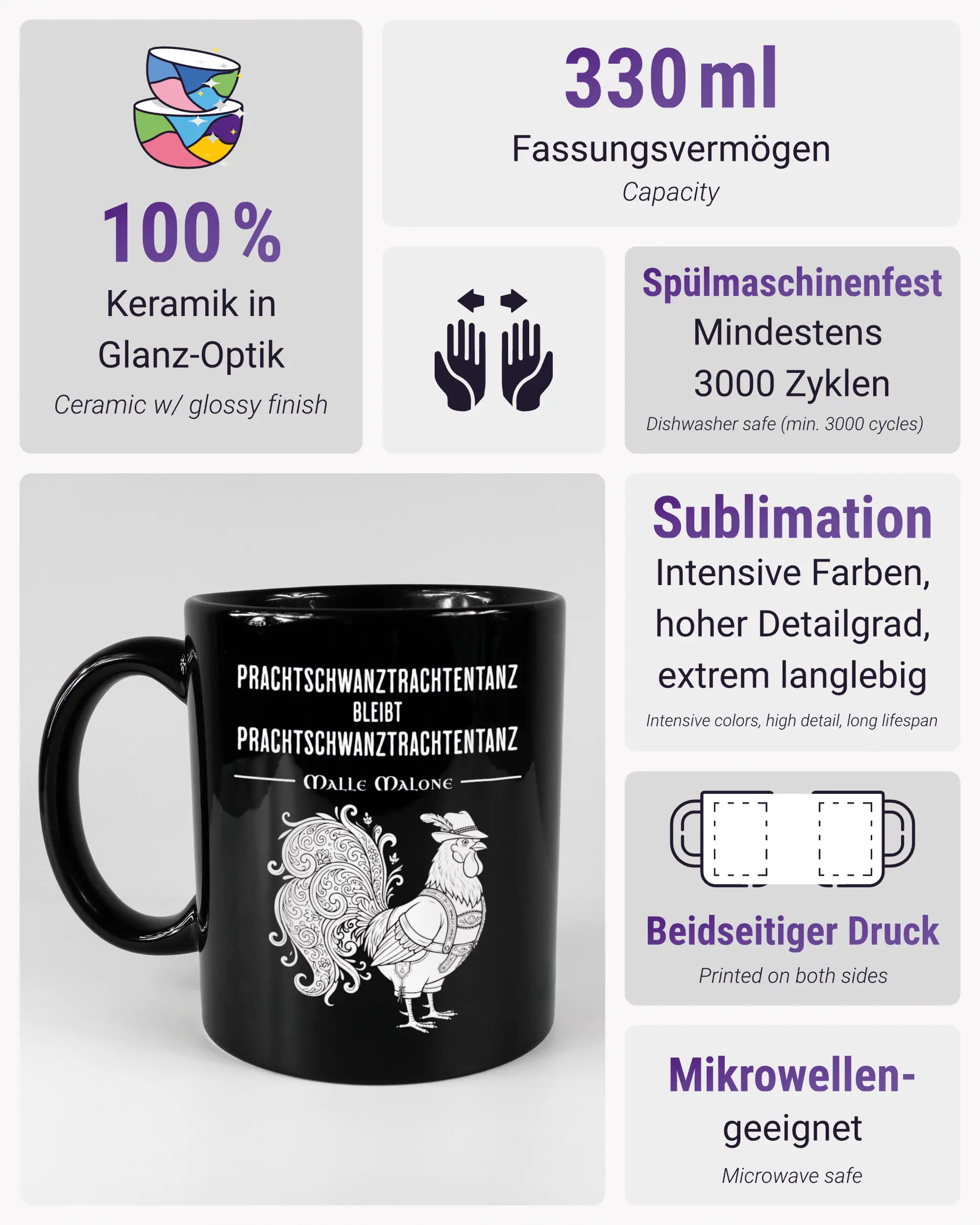 Produktinformationsblatt der beidseitig bedruckten Keramiktasse von Maondo mit dem Design Trachtentanz in der Farbe Black