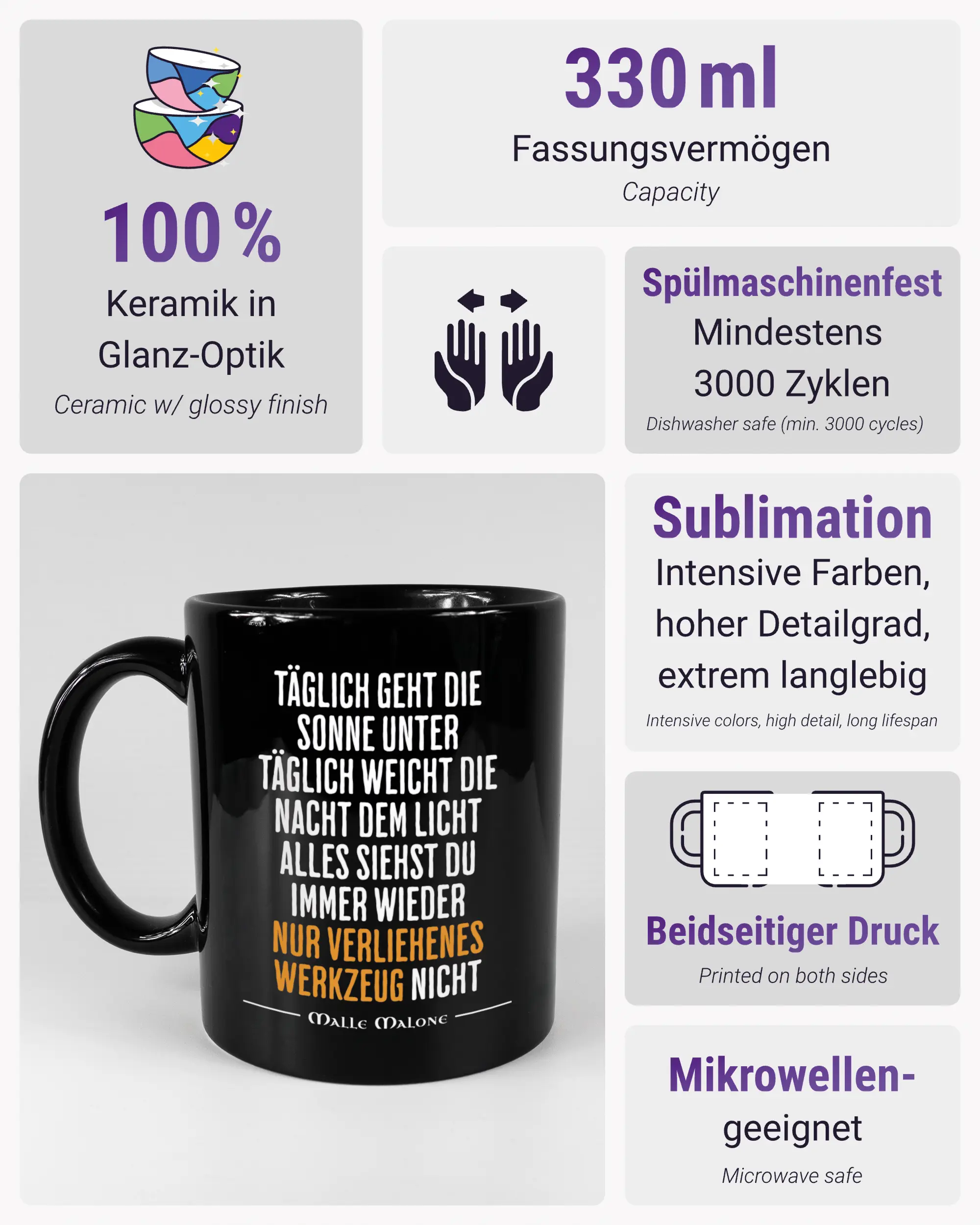 Produktinformationsblatt der beidseitig bedruckten Keramiktasse von Maondo mit dem Design Wegzeug in der Farbe Black