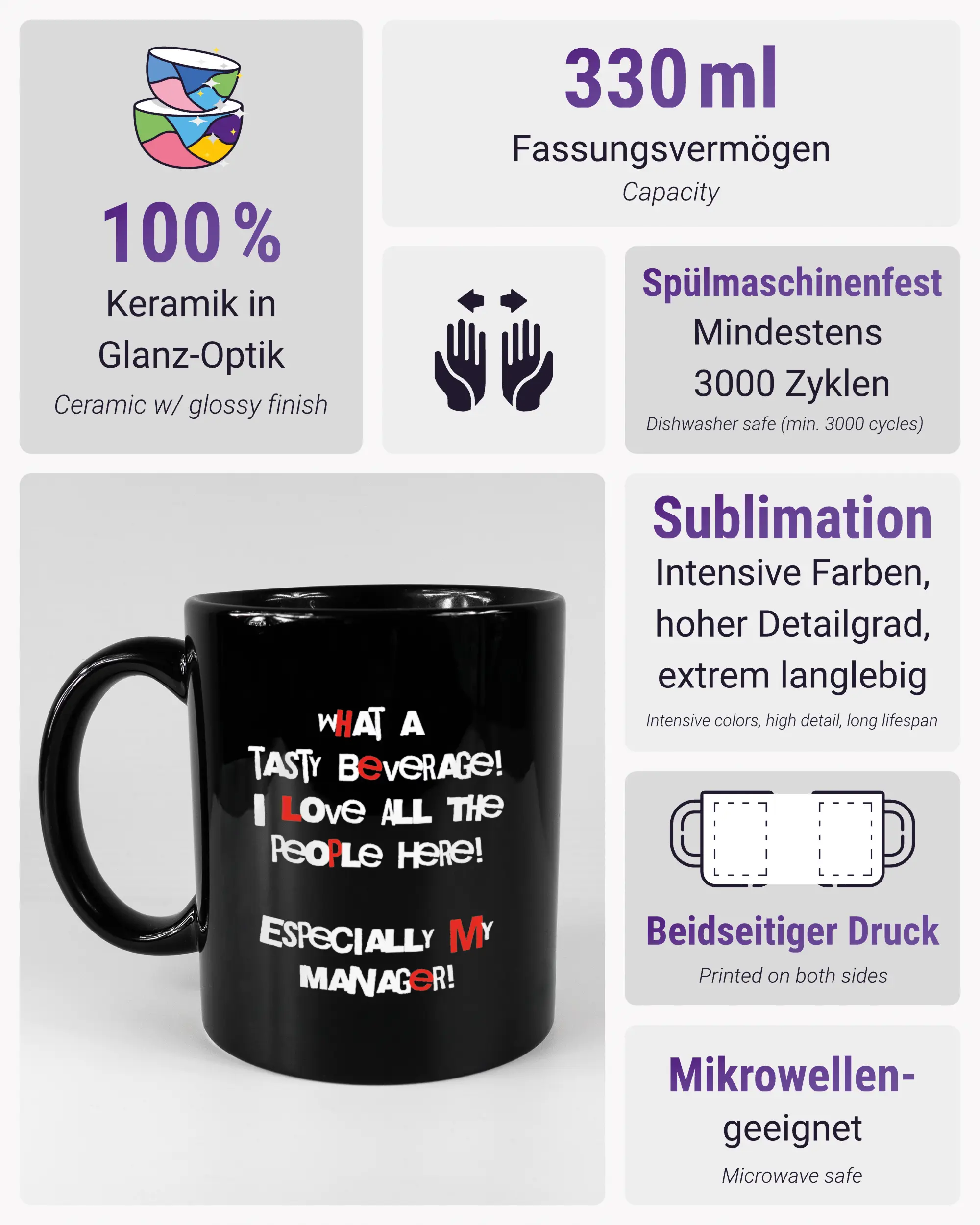 Produktinformationsblatt der beidseitig bedruckten Keramiktasse von Maondo mit dem Design Help me in der Farbe Black