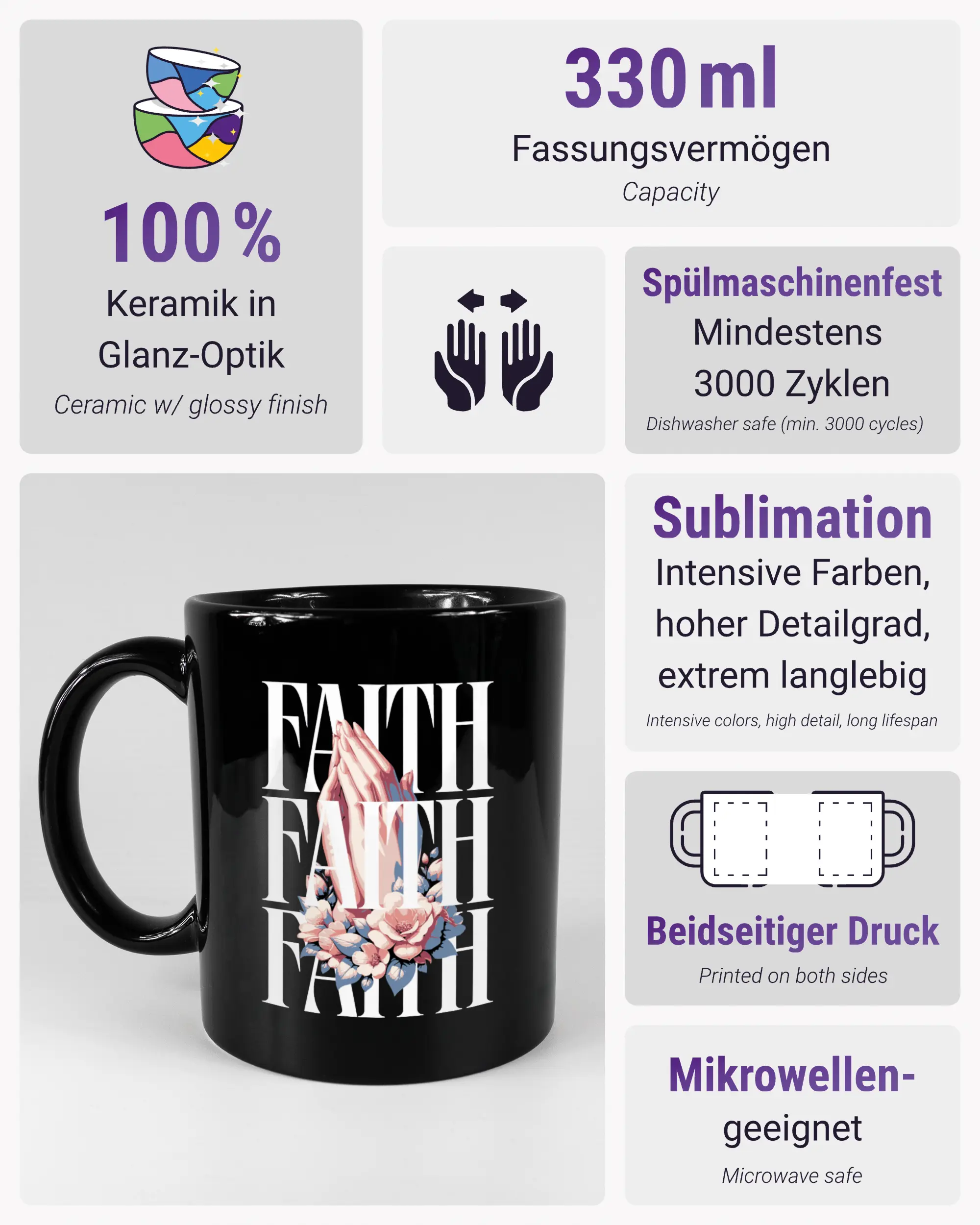 Produktinformationsblatt der beidseitig bedruckten Keramiktasse von Maondo mit dem Design Faith X3 in der Farbe Black