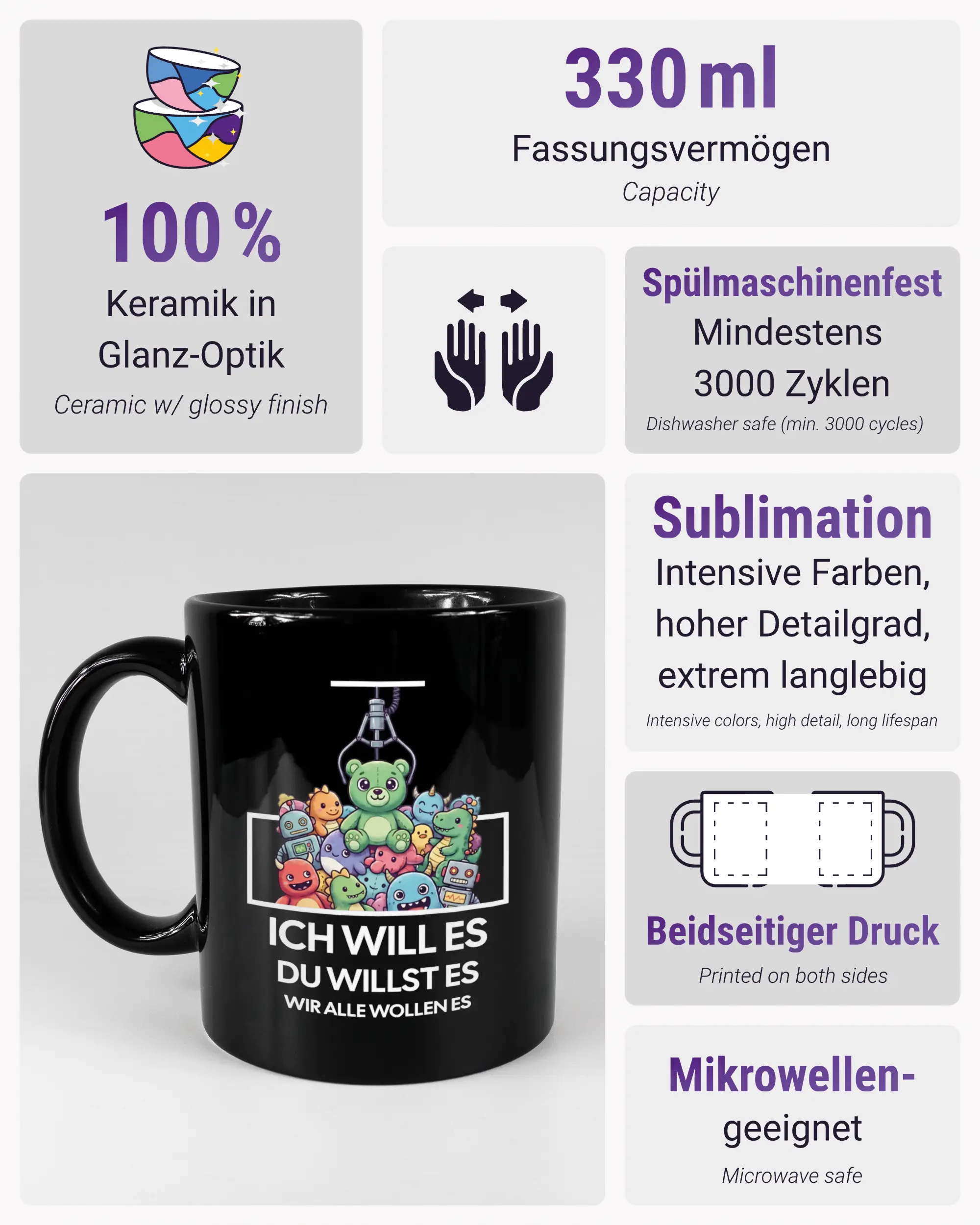 Produktinformationsblatt der beidseitig bedruckten Keramiktasse von Maondo mit dem Design Will Stofftier in der Farbe Black