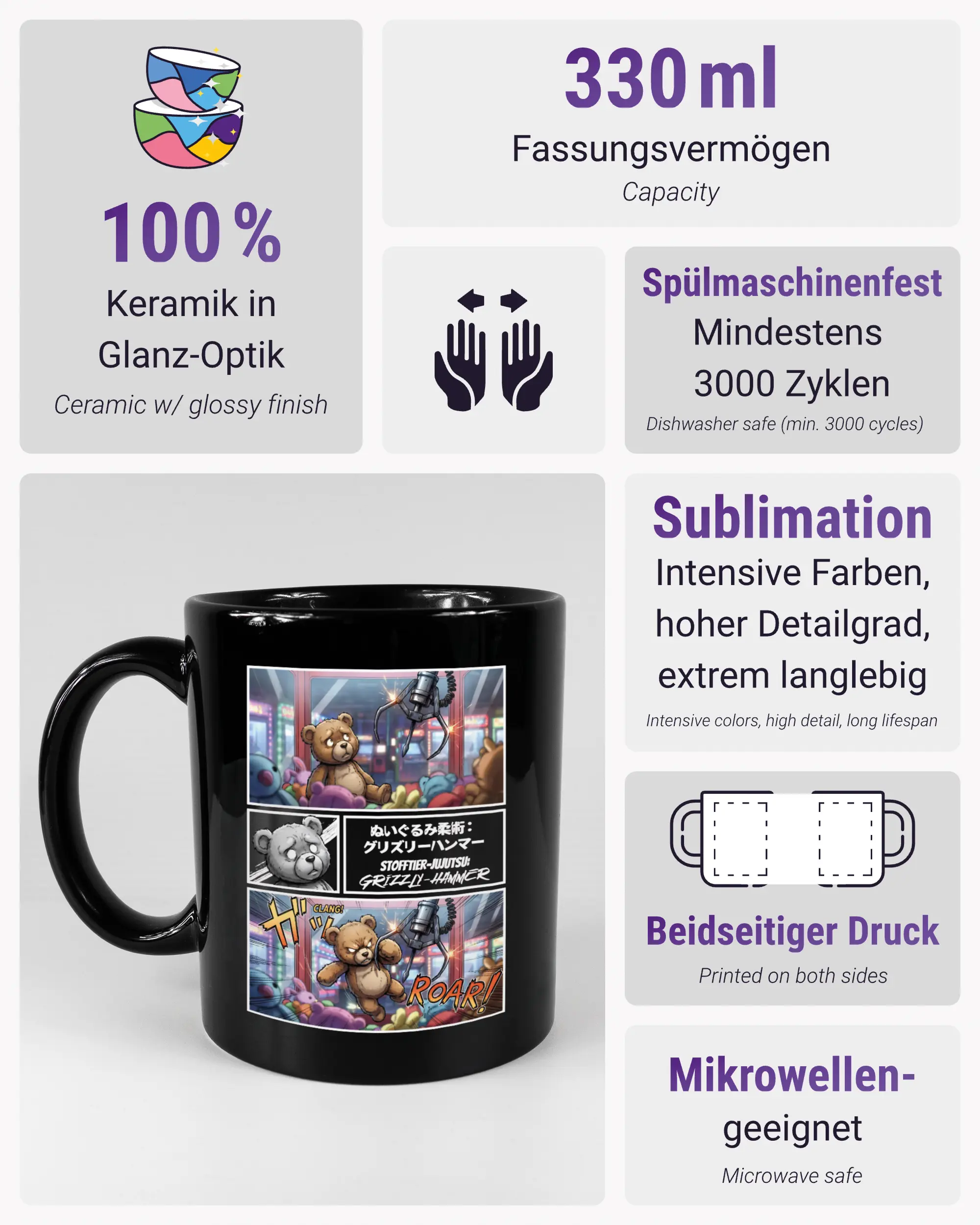 Produktinformationsblatt der beidseitig bedruckten Keramiktasse von Maondo mit dem Design Manga Stoff in der Farbe Black