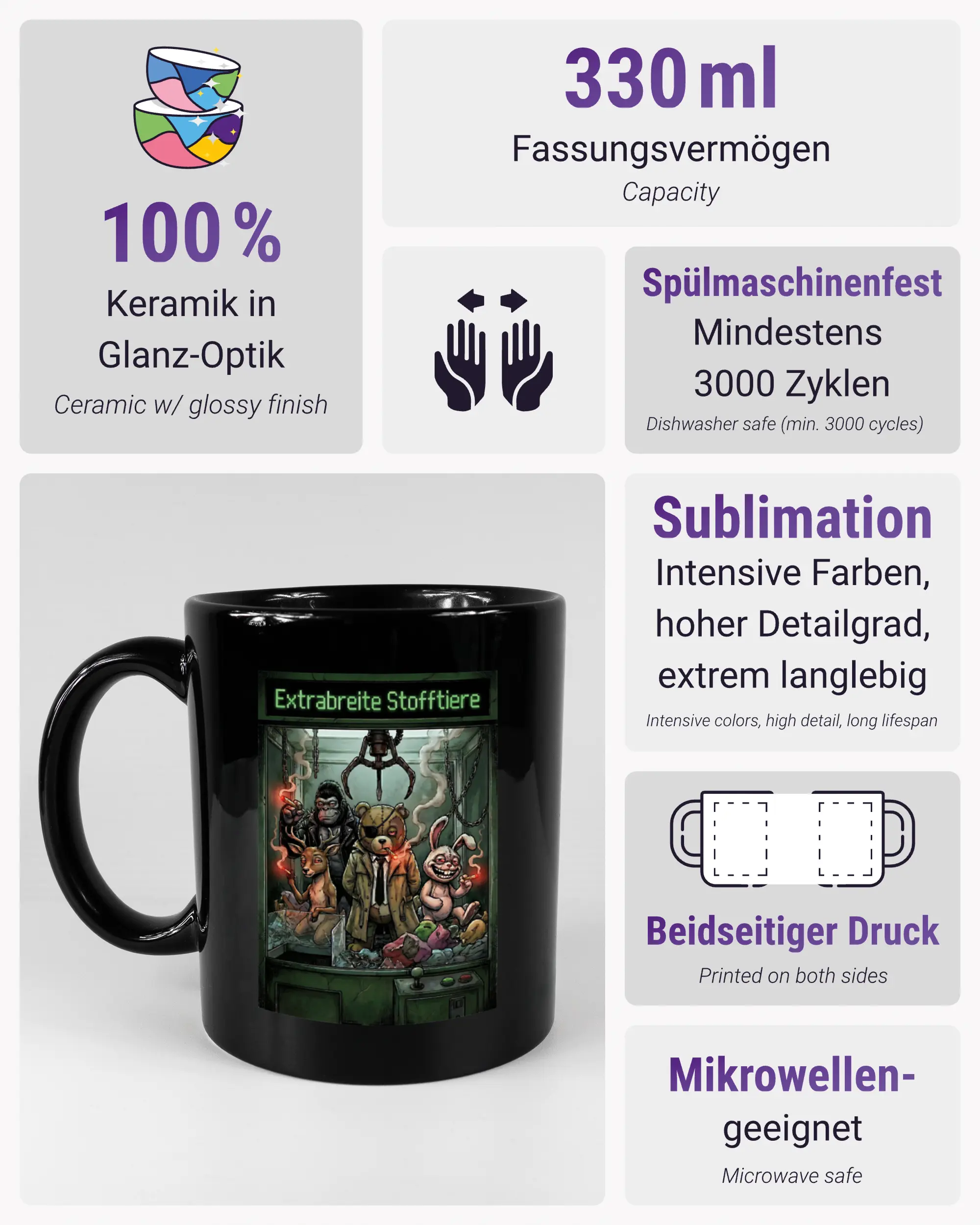Produktinformationsblatt der beidseitig bedruckten Keramiktasse von Maondo mit dem Design Extrabreit in der Farbe Black