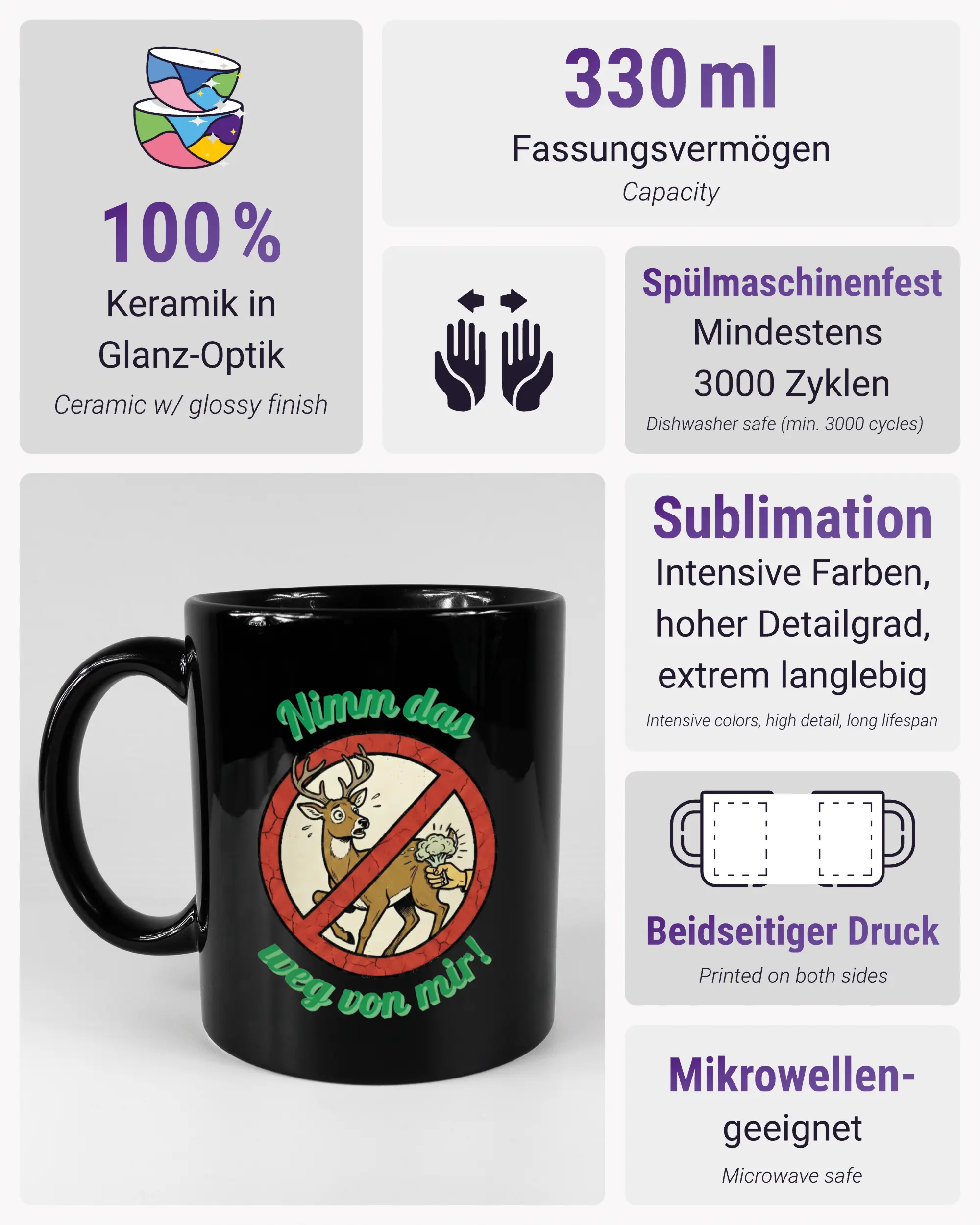 Produktinformationsblatt der beidseitig bedruckten Keramiktasse von Maondo mit dem Design Reh weg in der Farbe Black