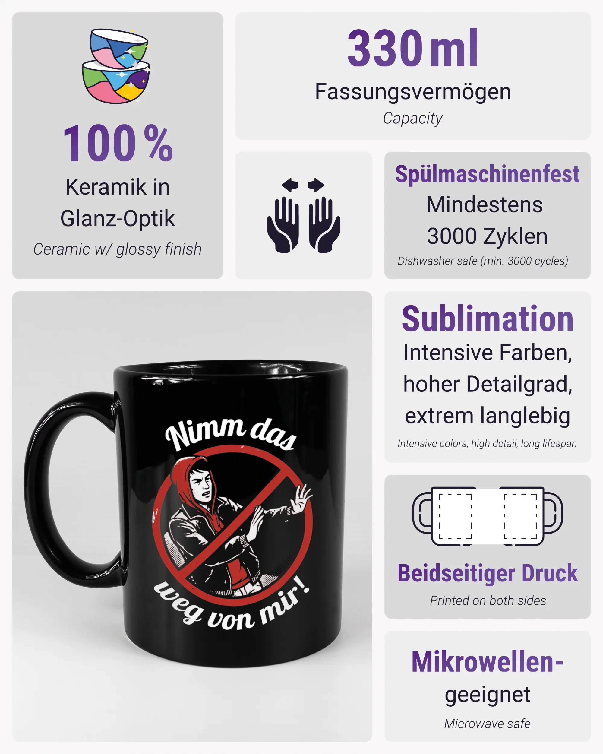 Produktinformationsblatt der beidseitig bedruckten Keramiktasse von Maondo mit dem Design Nimm das weg in der Farbe Black