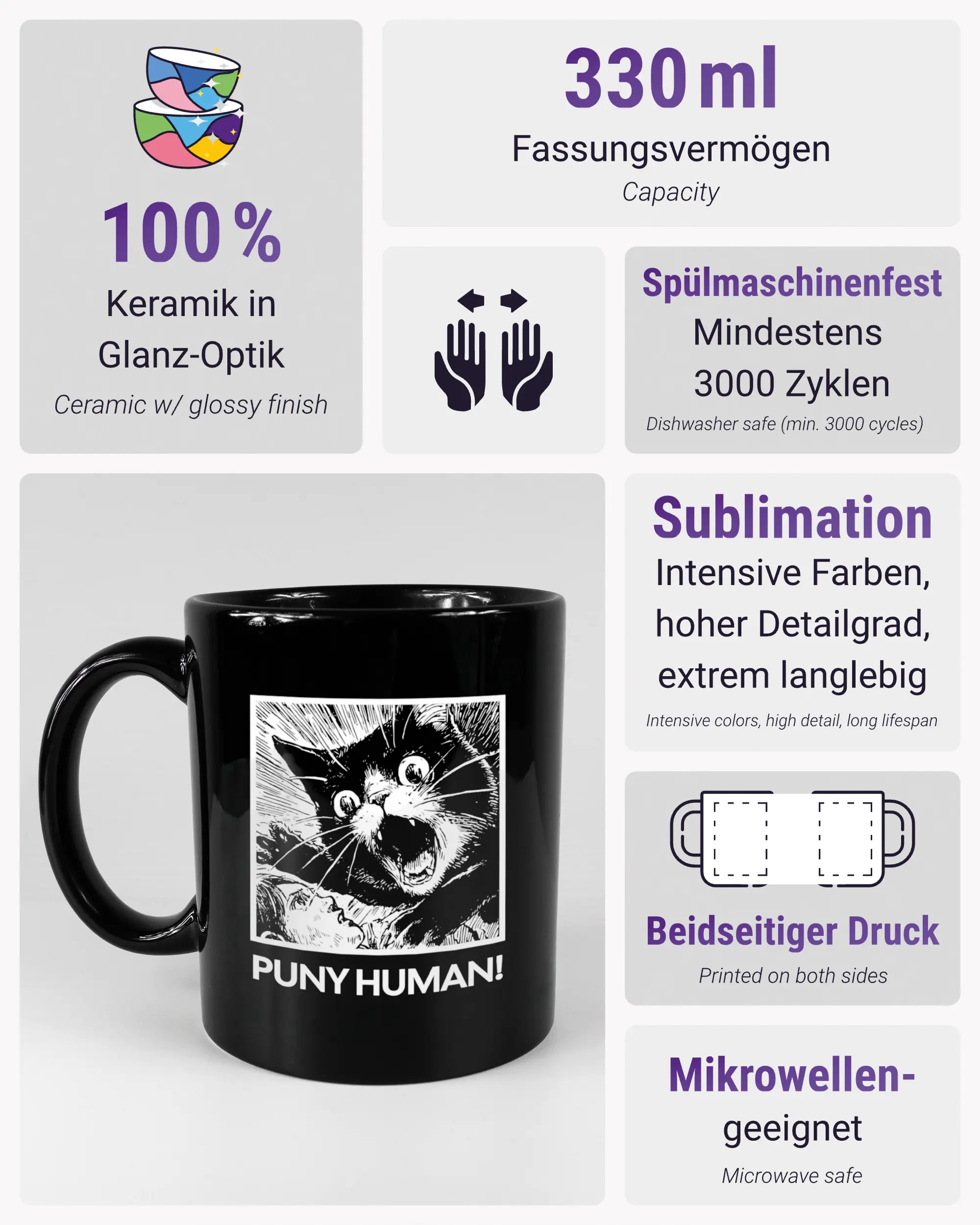 Produktinformationsblatt der beidseitig bedruckten Keramiktasse von Maondo mit dem Design Puny Human in der Farbe Black