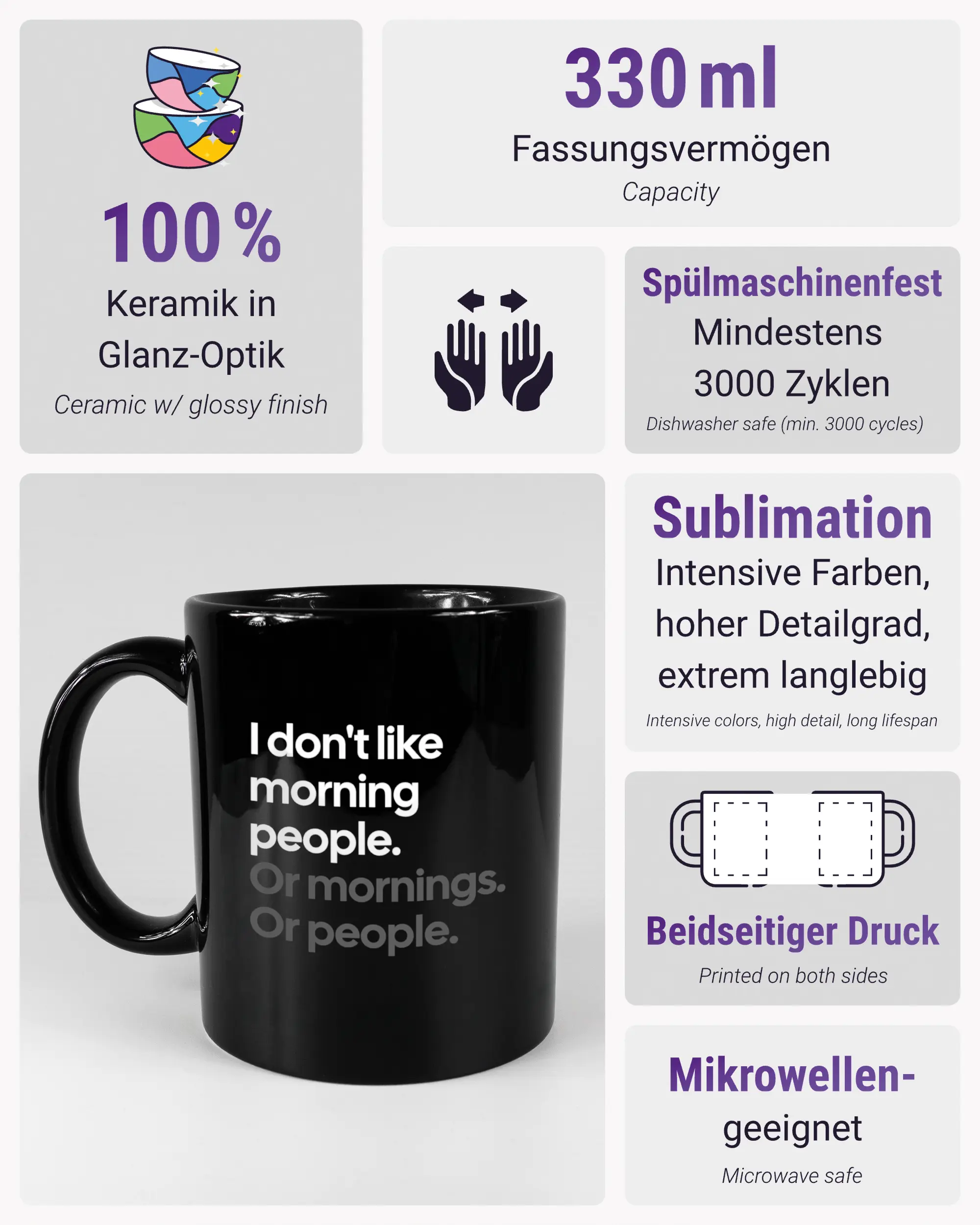 Produktinformationsblatt der beidseitig bedruckten Keramiktasse von Maondo mit dem Design Morning Person in der Farbe Black