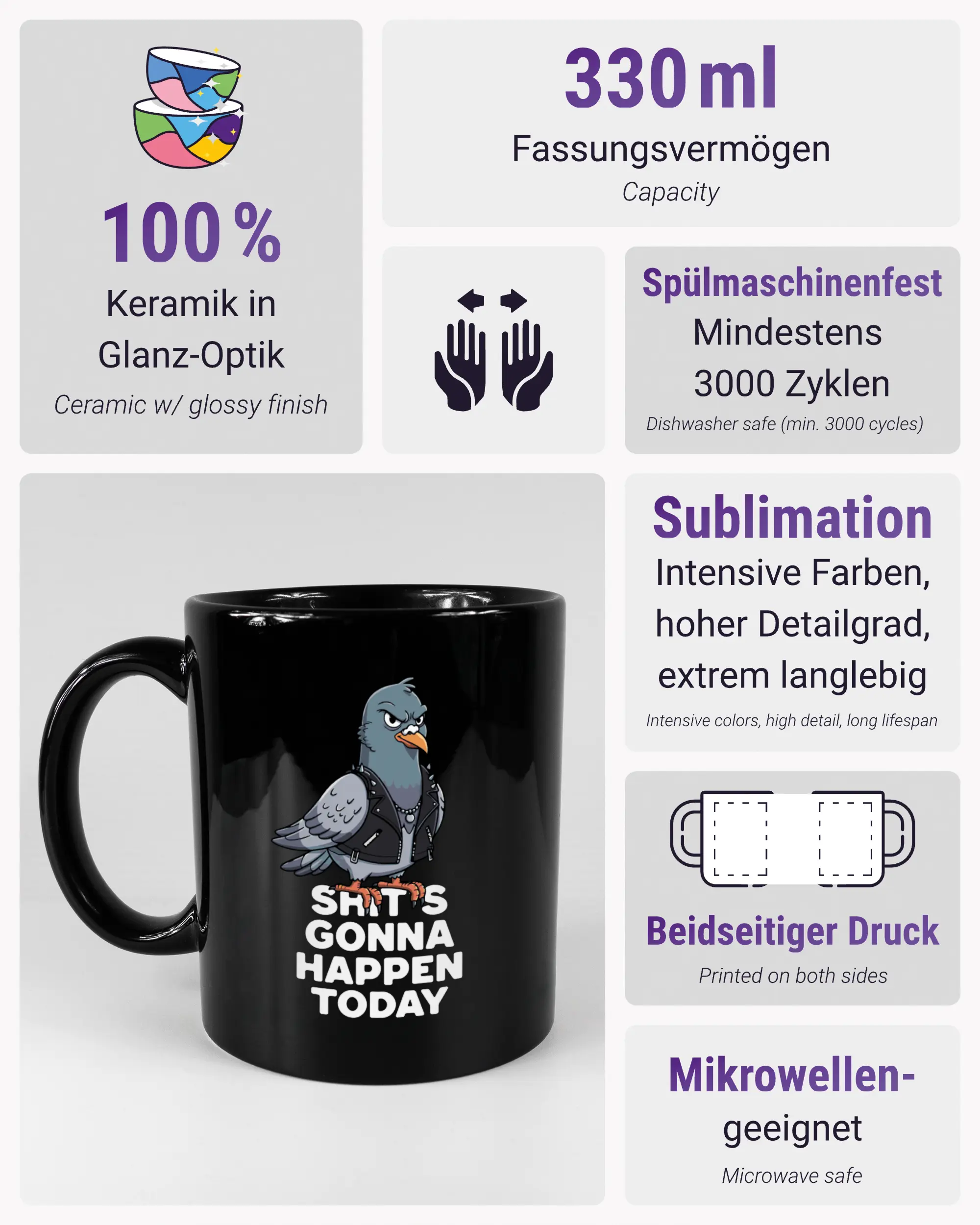 Produktinformationsblatt der beidseitig bedruckten Keramiktasse von Maondo mit dem Design Pigeon Pun in der Farbe Black