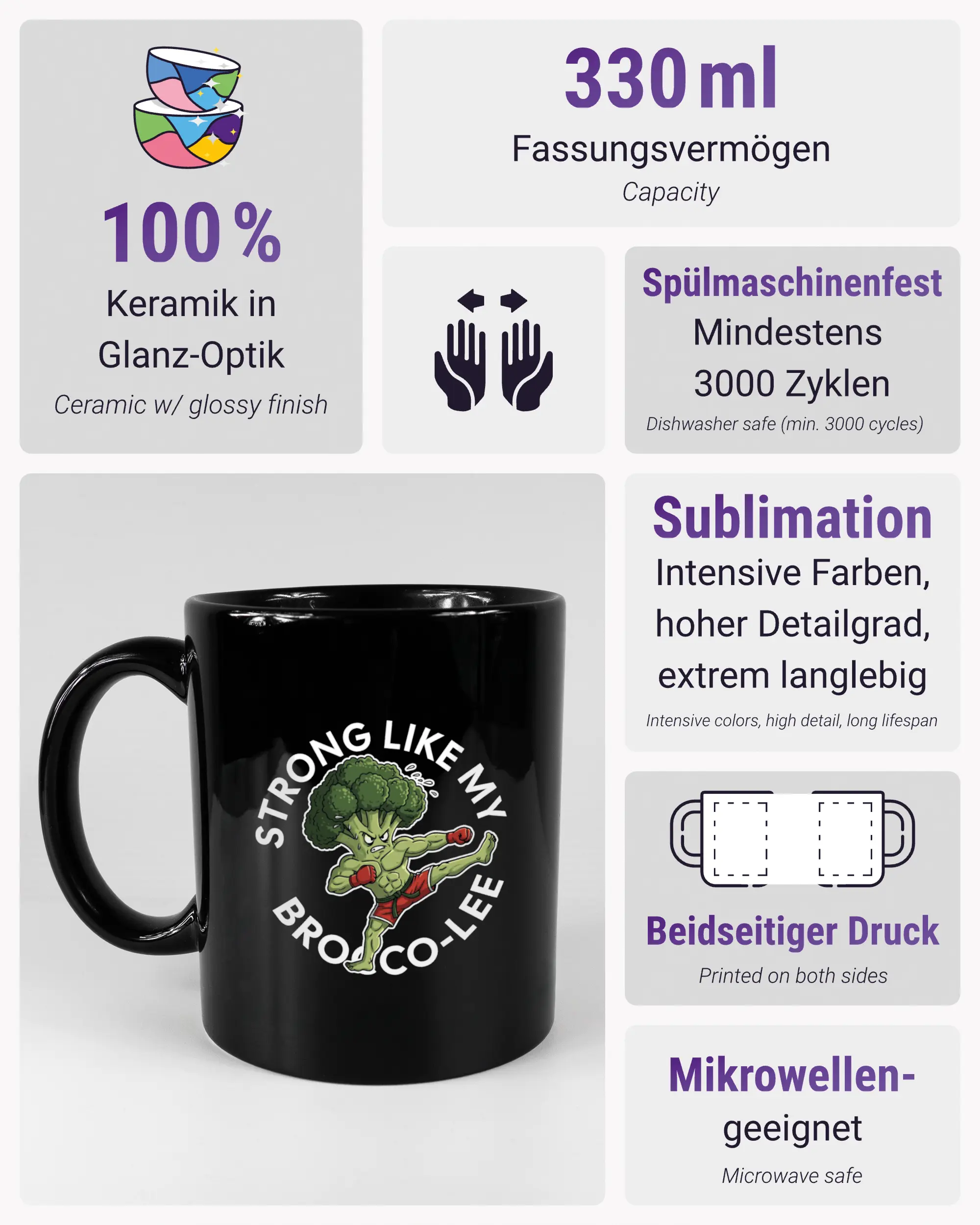 Produktinformationsblatt der beidseitig bedruckten Keramiktasse von Maondo mit dem Design Brocco-Lee in der Farbe Black