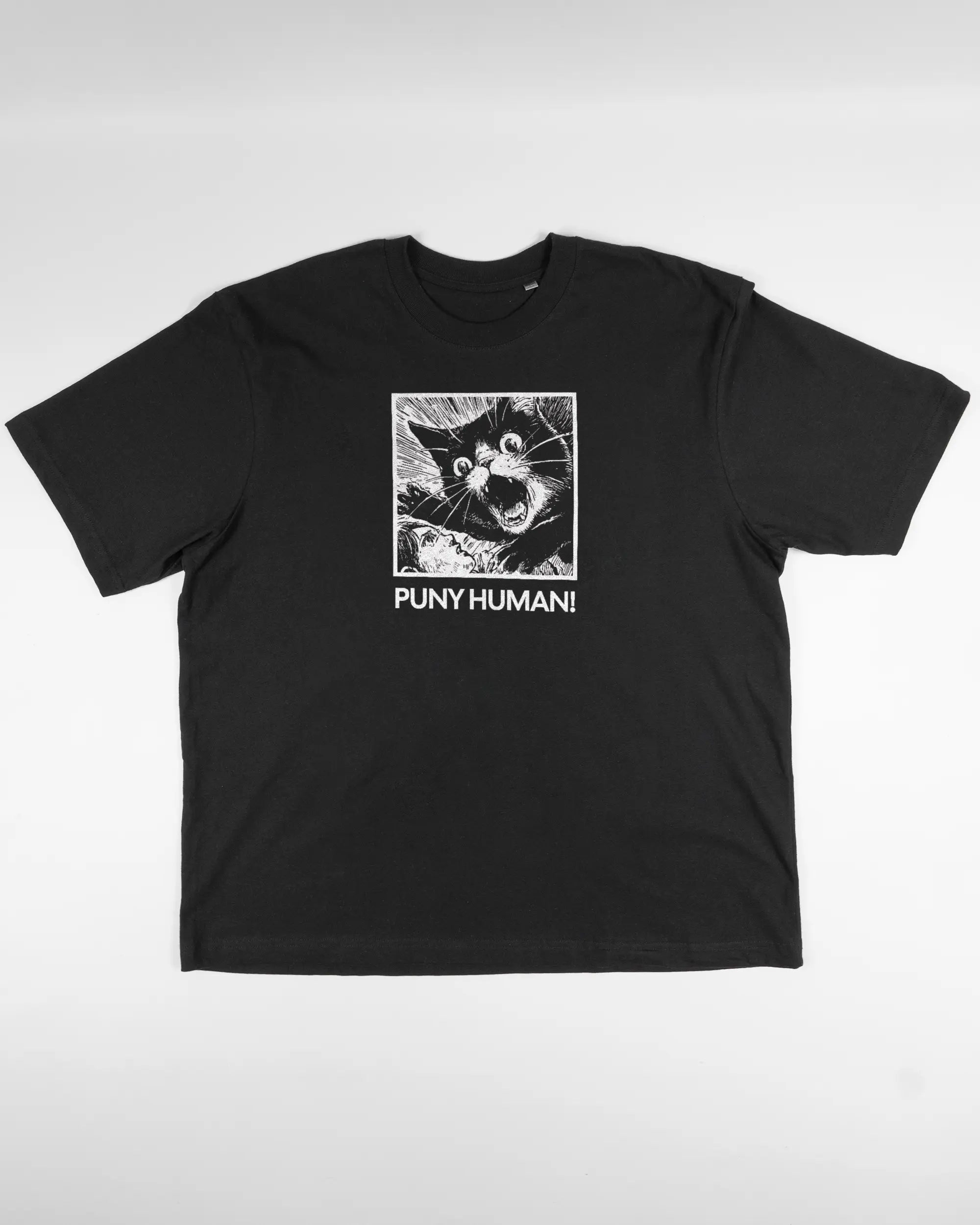 Vorderseite des Basic Unisex T-Shirt Oversized von Maondo mit dem Design Puny Human in der Farbe Black und in der Größe L flach auf den Boden gelegt