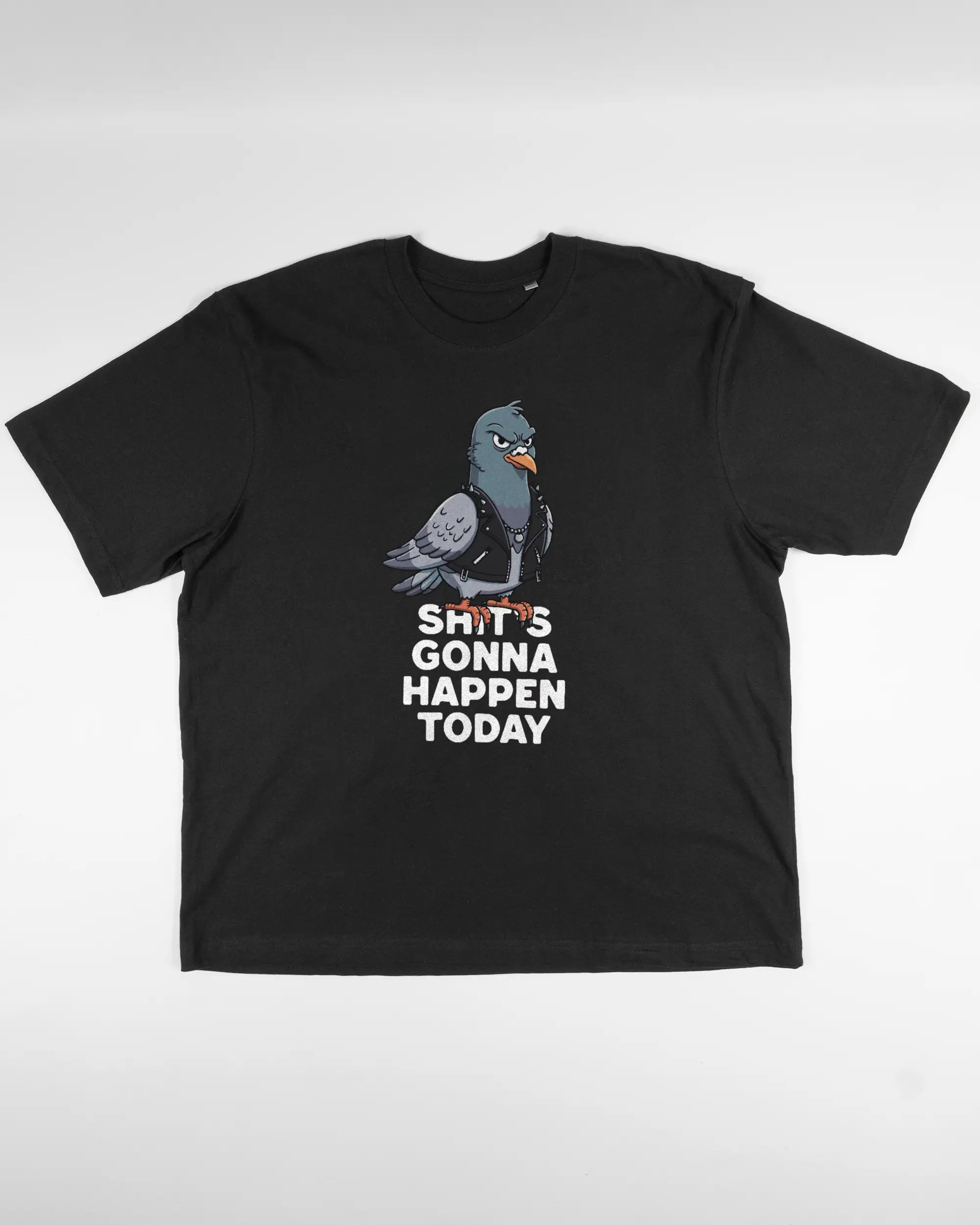 Vorderseite des Basic Unisex T-Shirt Oversized von Maondo mit dem Design Pigeon Pun in der Farbe Black und in der Größe L flach auf den Boden gelegt