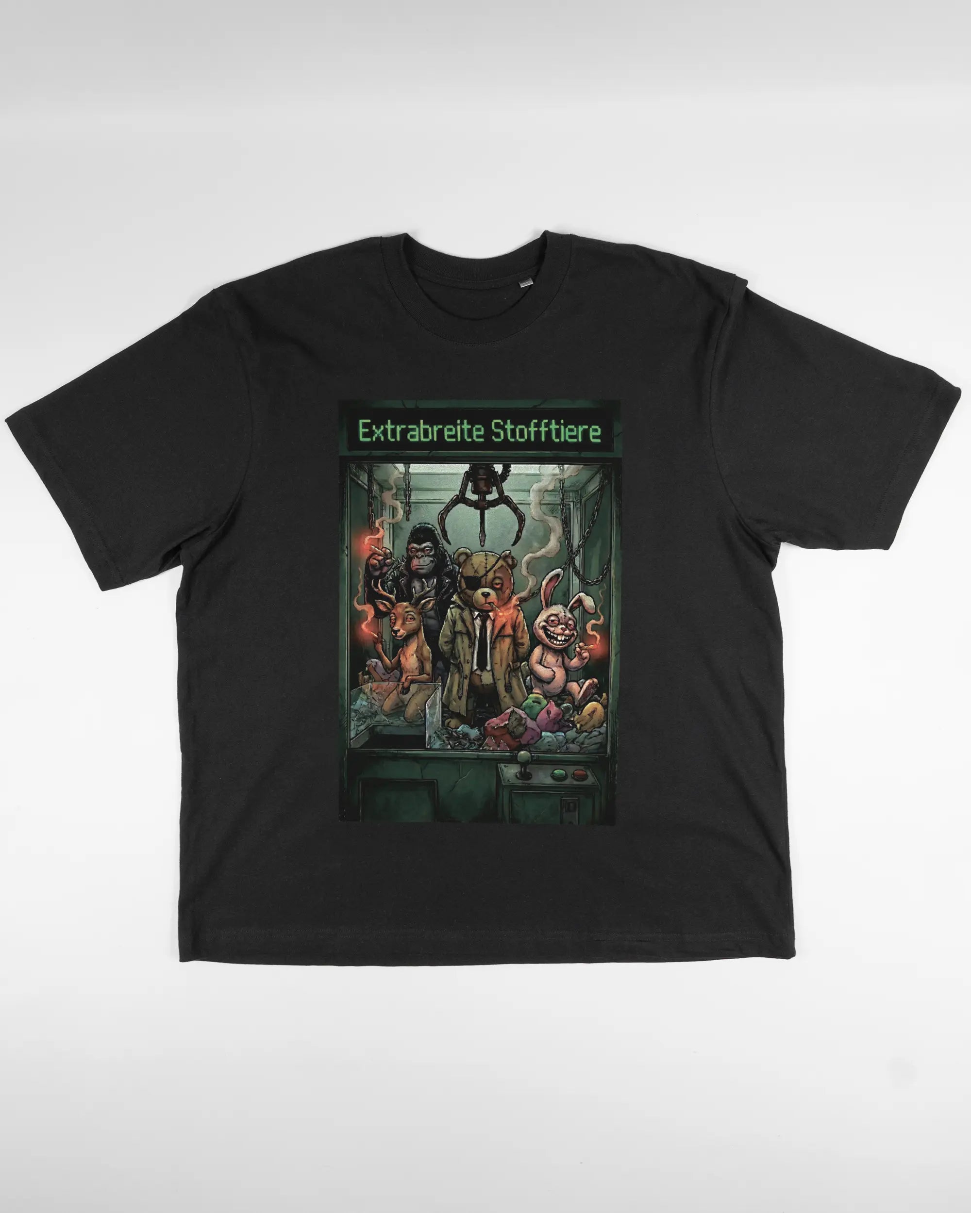 Vorderseite des Basic Unisex T-Shirt Oversized von Maondo mit dem Design Extrabreit in der Farbe Black und in der Größe L flach auf den Boden gelegt