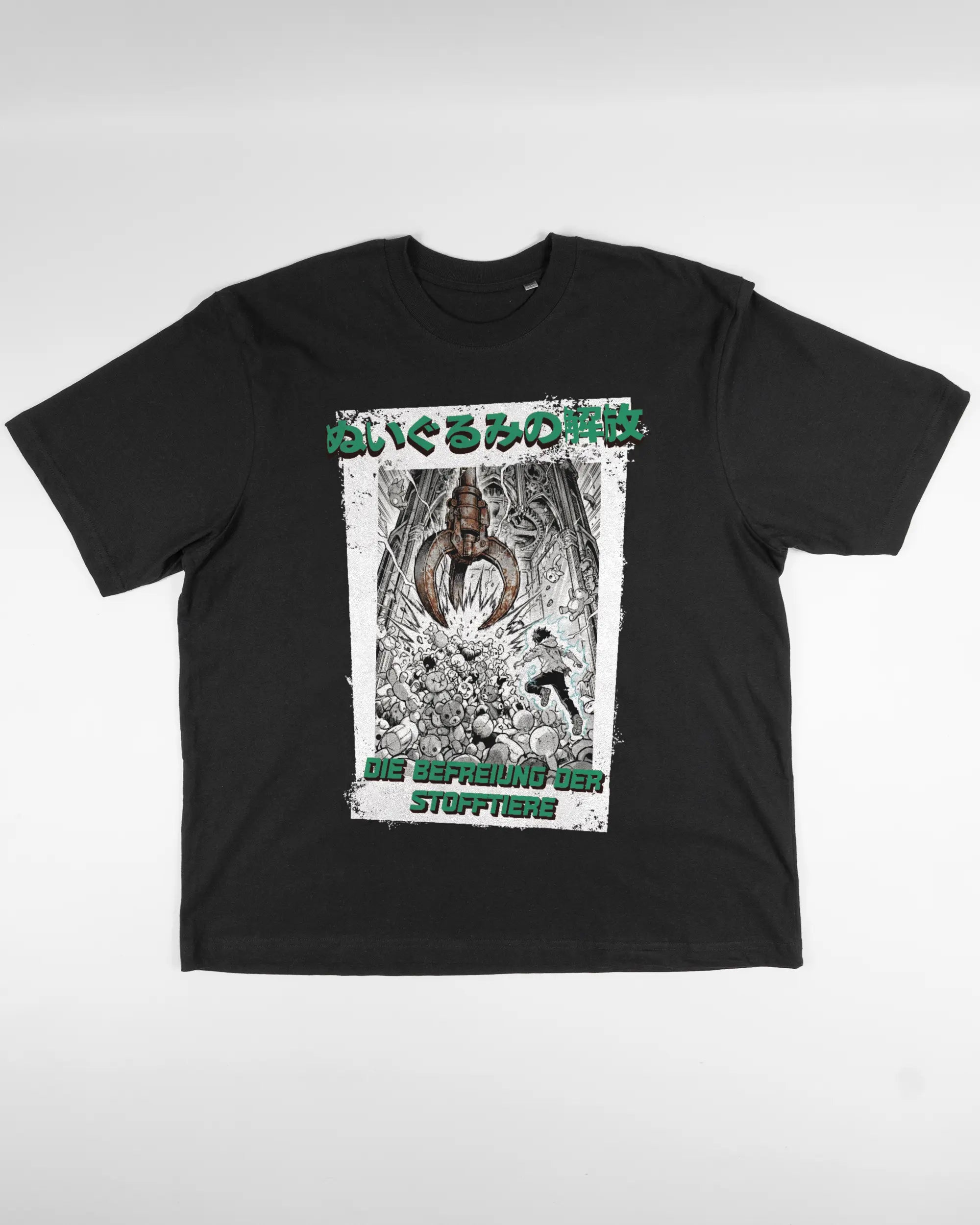 Vorderseite des Basic Unisex T-Shirt Oversized von Maondo mit dem Design Save 1 Stofftier in der Farbe Black und in der Größe L flach auf den Boden gelegt