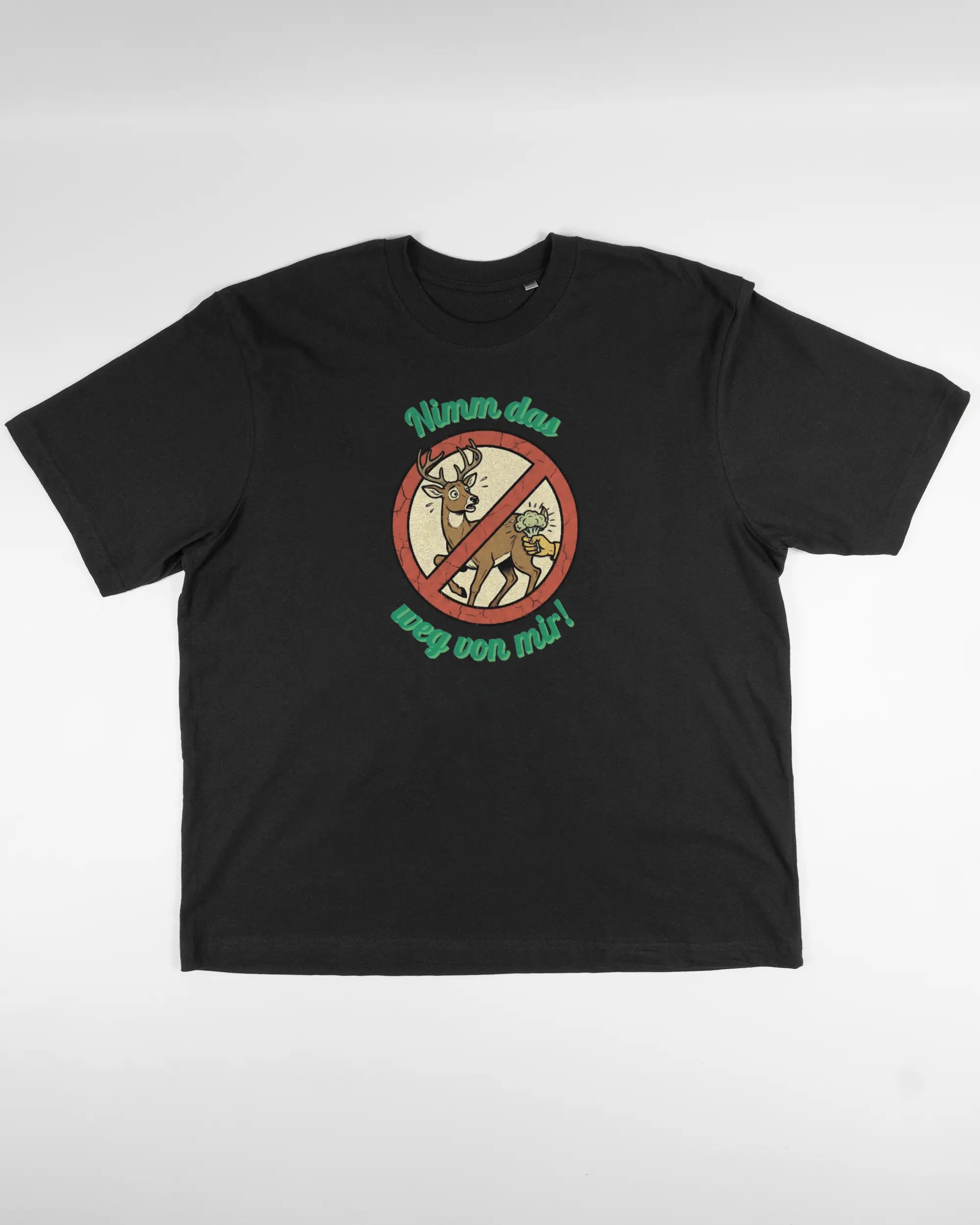 Vorderseite des Basic Unisex T-Shirt Oversized von Maondo mit dem Design Reh weg in der Farbe Black und in der Größe L flach auf den Boden gelegt