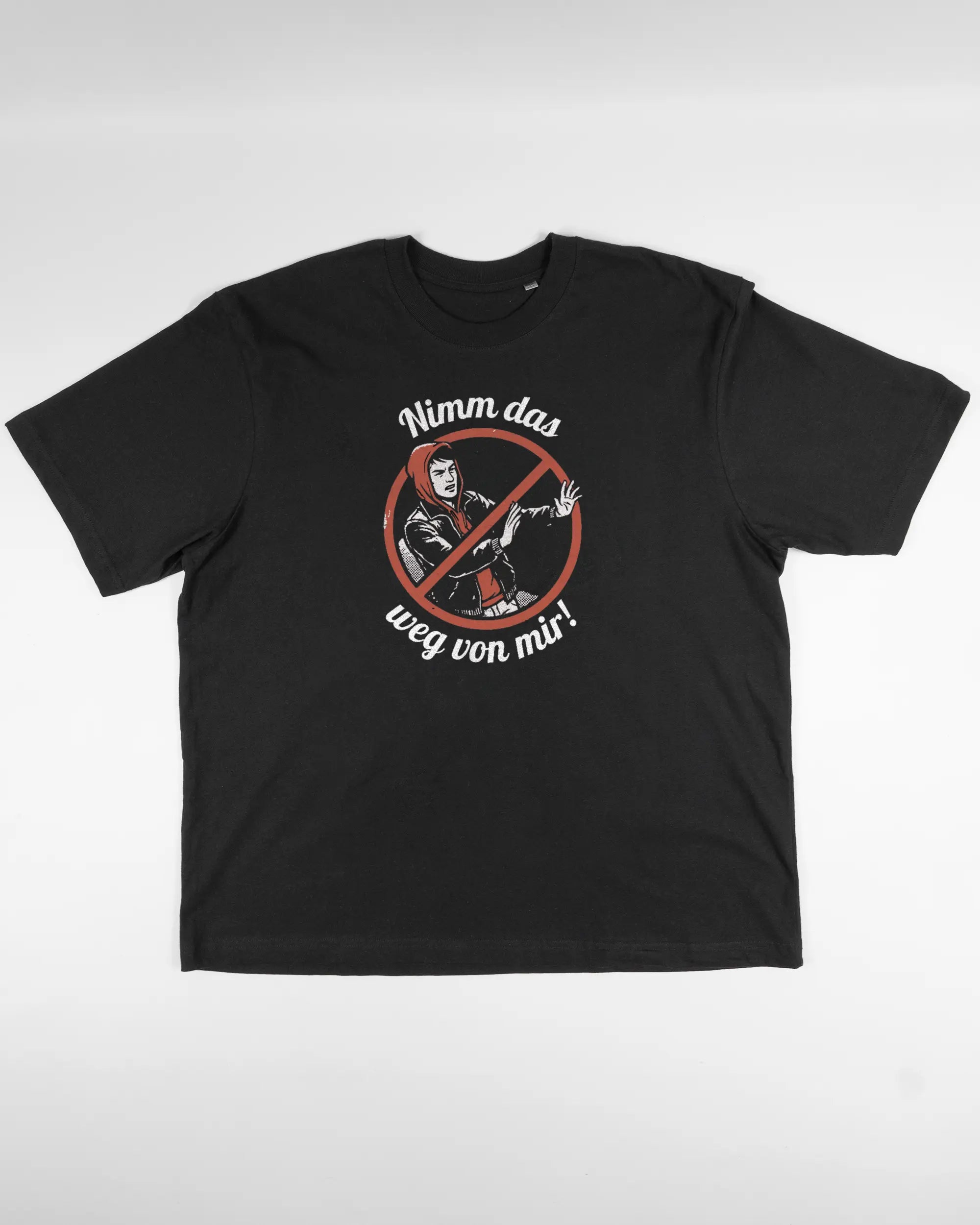 Vorderseite des Basic Unisex T-Shirt Oversized von Maondo mit dem Design Nimm das weg in der Farbe Black und in der Größe L flach auf den Boden gelegt