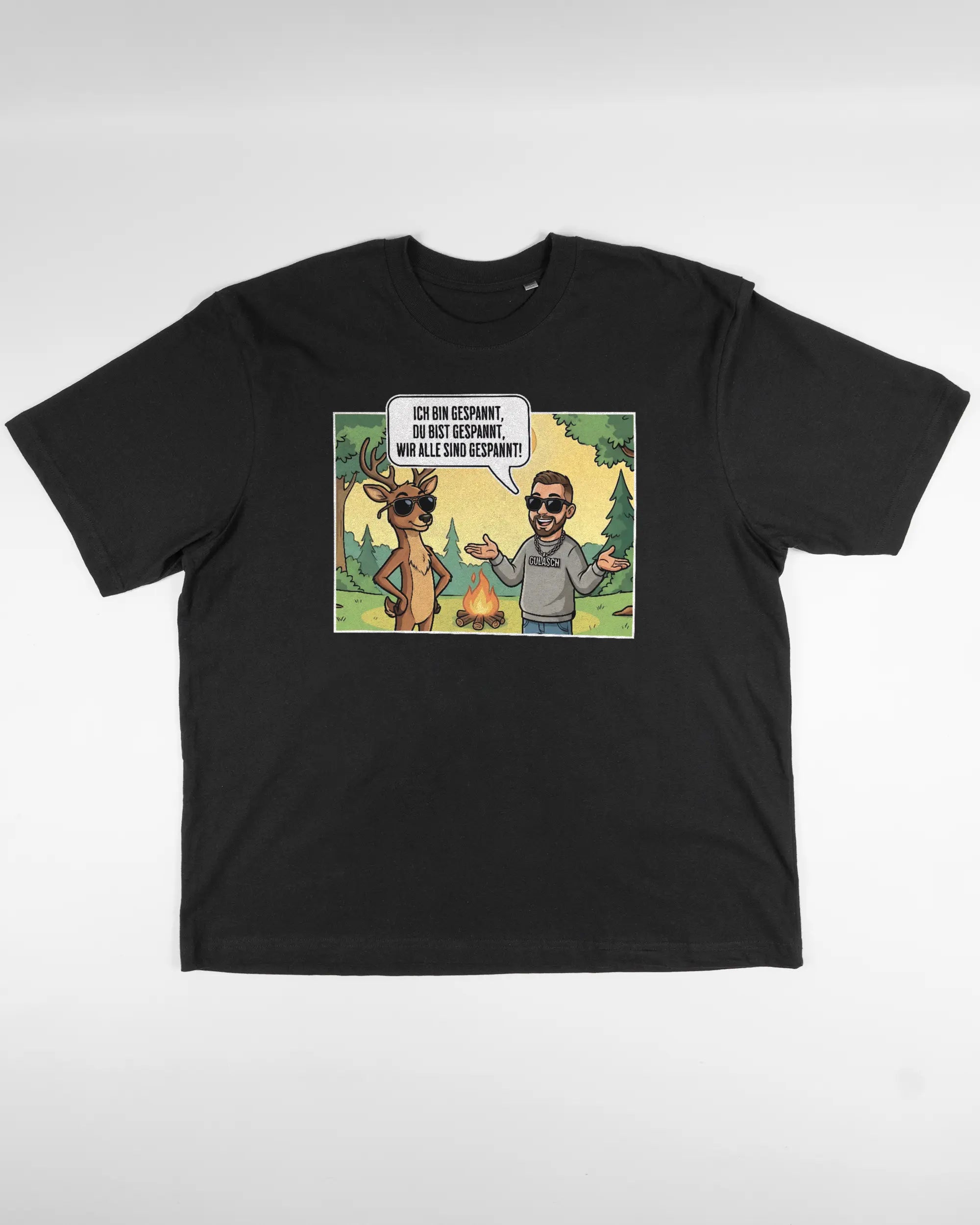 Vorderseite des Basic Unisex T-Shirt Oversized von Maondo mit dem Design Vollspannung in der Farbe Black und in der Größe L flach auf den Boden gelegt