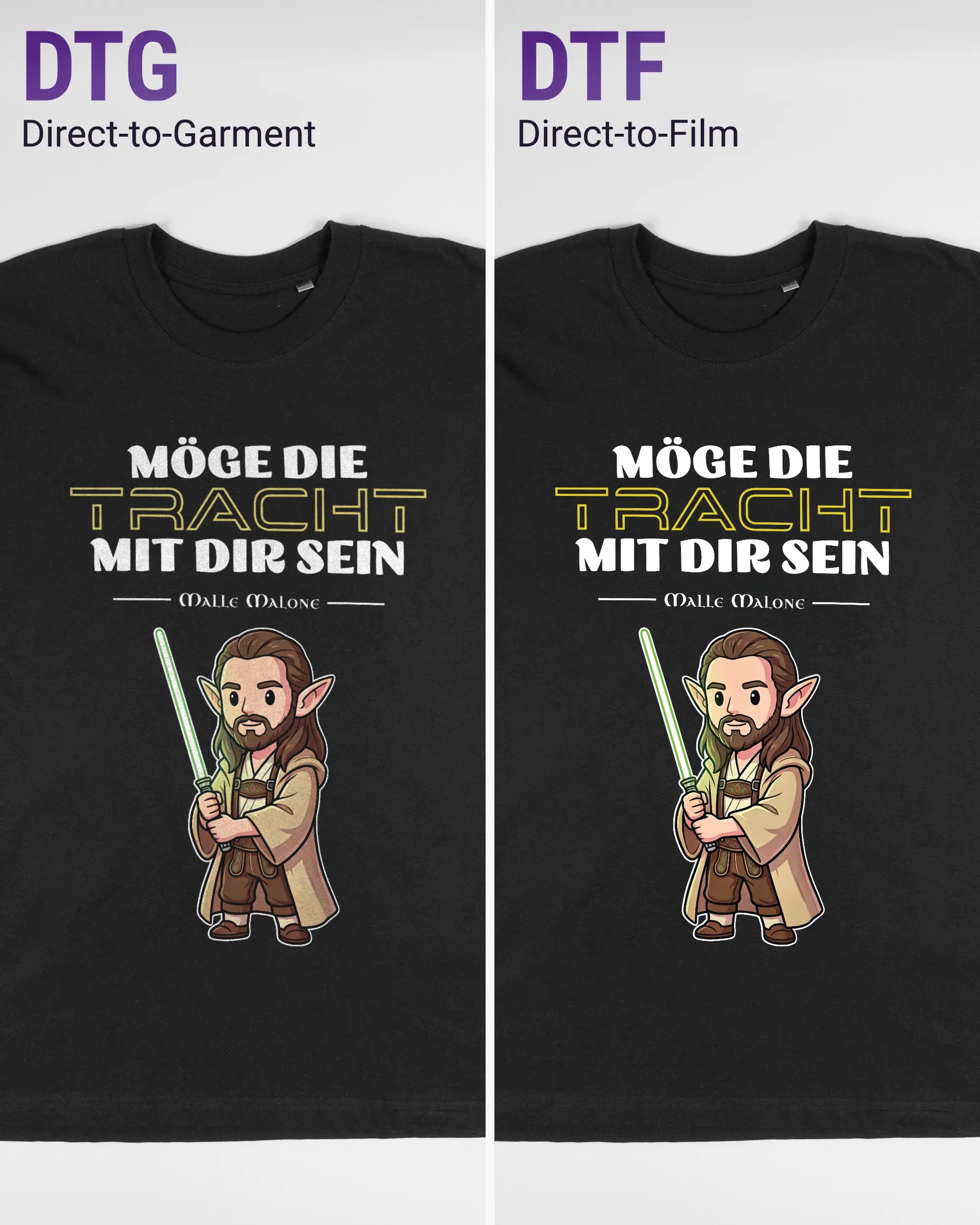 Vergleich der Vorderseiten des Basic Unisex T-Shirt Oversized von Maondo mit dem Design Tracht mit dir in der Farbe Black und in der Größe L links mit dem Direct-to-Garment und rechts mit dem Direct-to-Film Verfahren