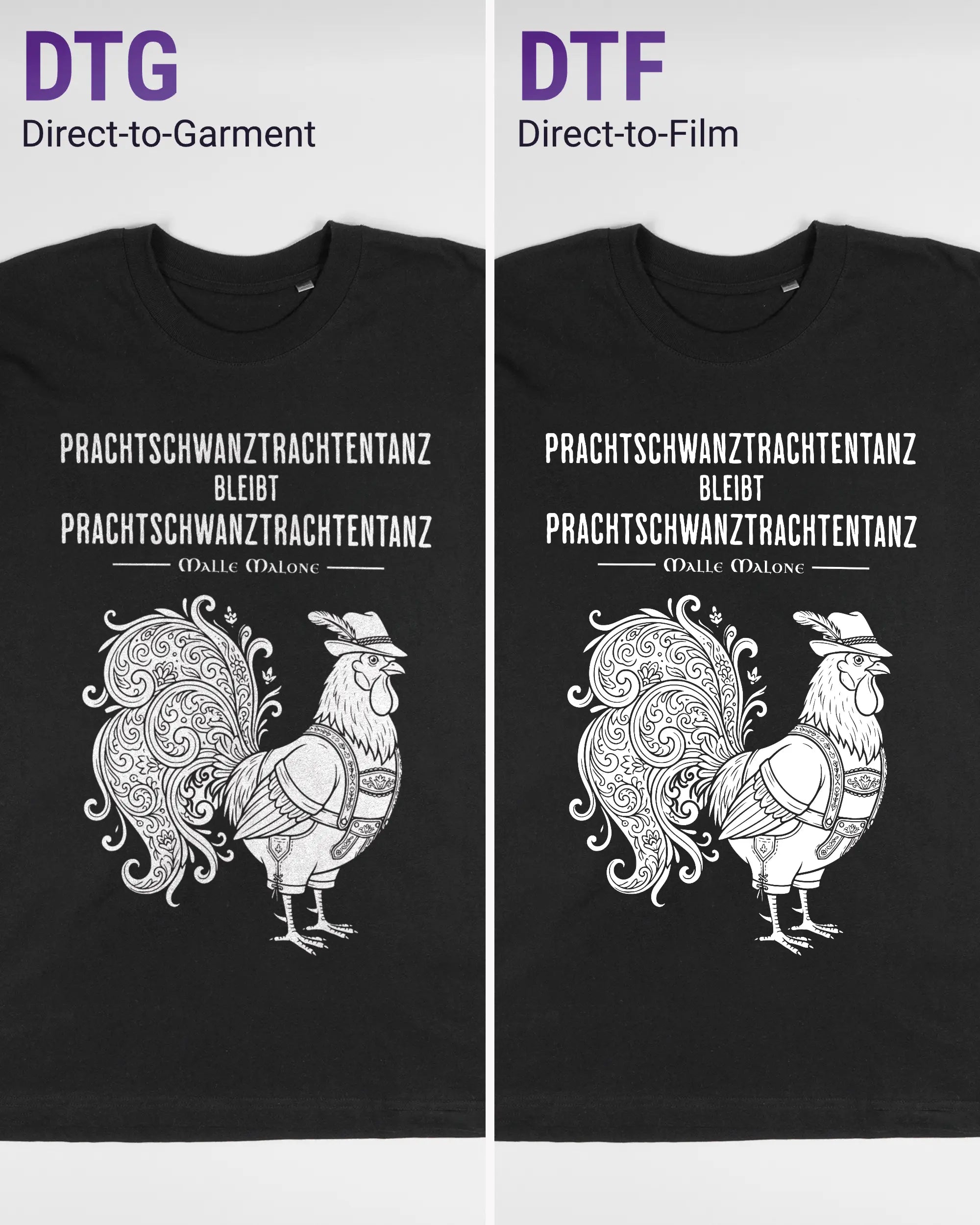 Vergleich der Vorderseiten des Basic Unisex T-Shirt Oversized von Maondo mit dem Design Trachtentanz in der Farbe Black und in der Größe L links mit dem Direct-to-Garment und rechts mit dem Direct-to-Film Verfahren