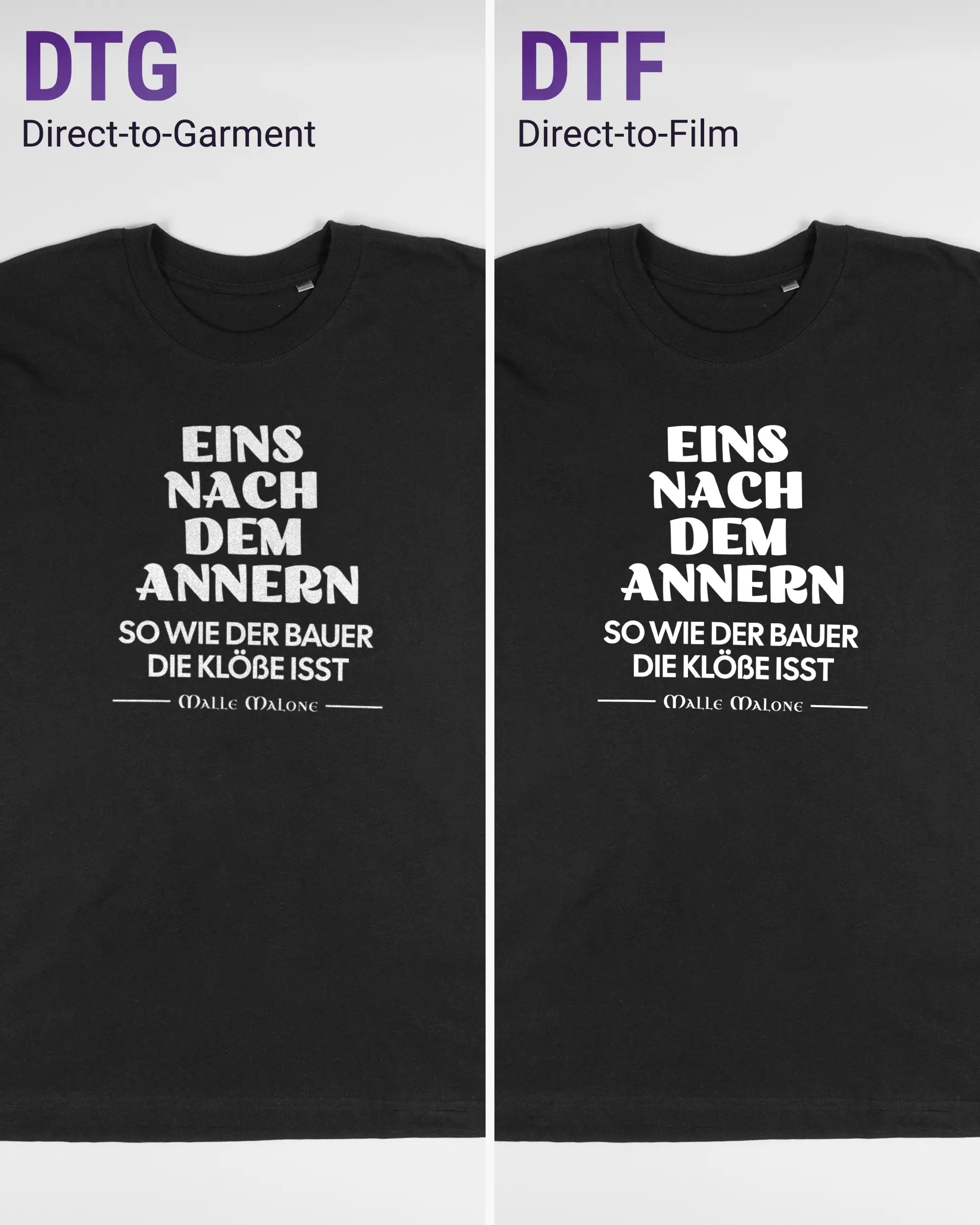 Vergleich der Vorderseiten des Basic Unisex T-Shirt Oversized von Maondo mit dem Design Eins nach dem Annern in der Farbe Black und in der Größe L links mit dem Direct-to-Garment und rechts mit dem Direct-to-Film Verfahren