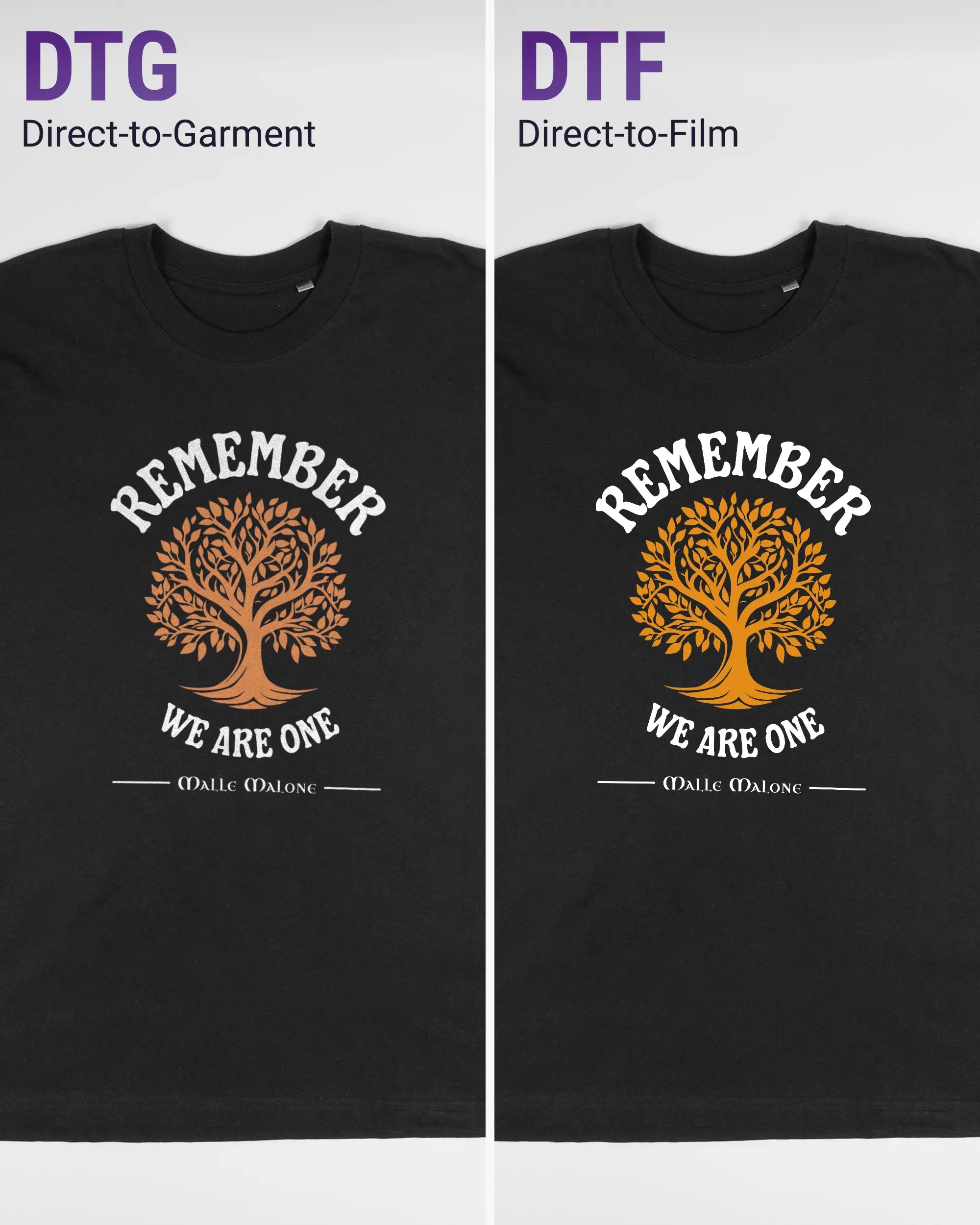 Vergleich der Vorderseiten des Basic Unisex T-Shirt Oversized von Maondo mit dem Design We are one in der Farbe Black und in der Größe L links mit dem Direct-to-Garment und rechts mit dem Direct-to-Film Verfahren