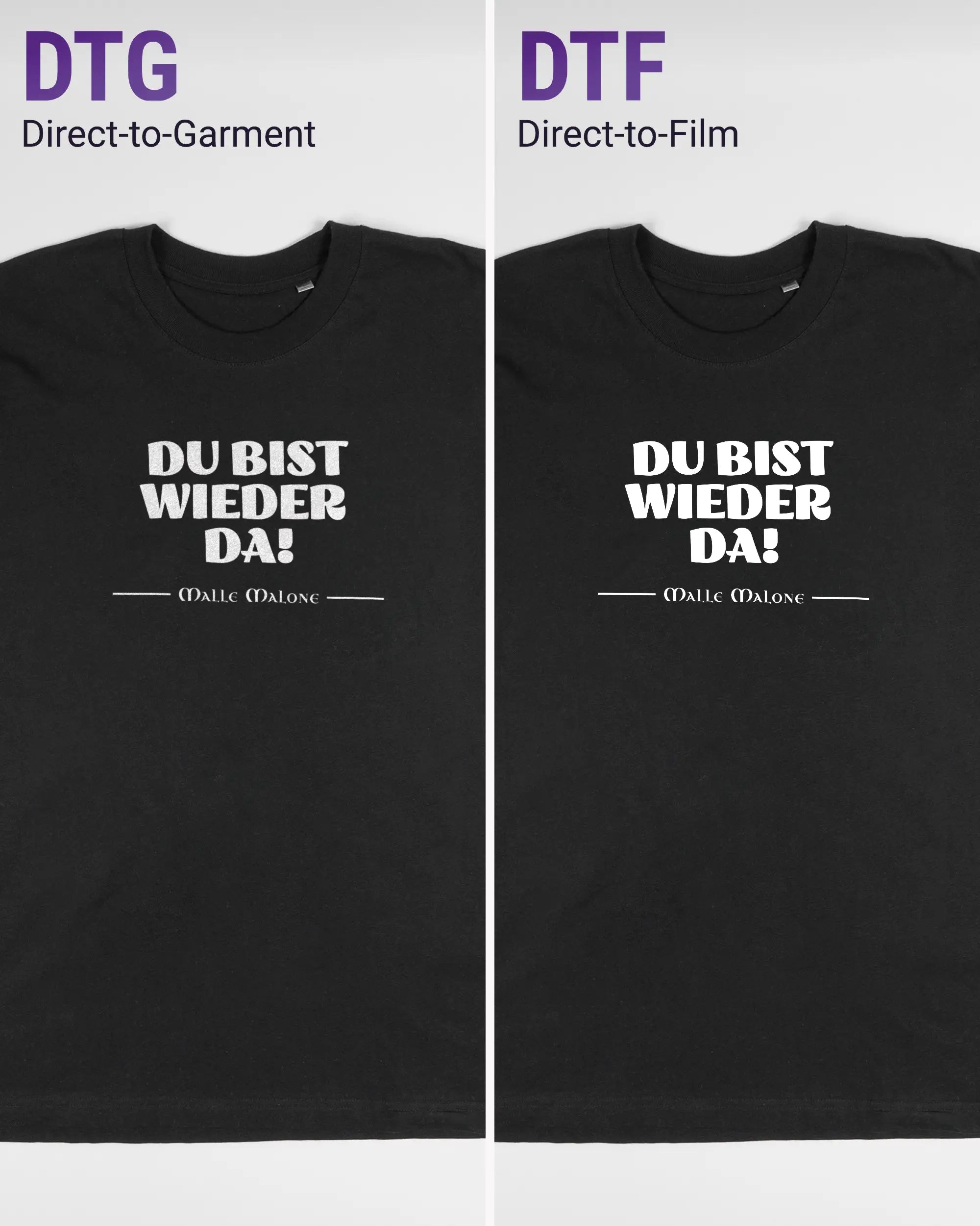 Vergleich der Vorderseiten des Basic Unisex T-Shirt Oversized von Maondo mit dem Design Wieder da in der Farbe Black und in der Größe L links mit dem Direct-to-Garment und rechts mit dem Direct-to-Film Verfahren
