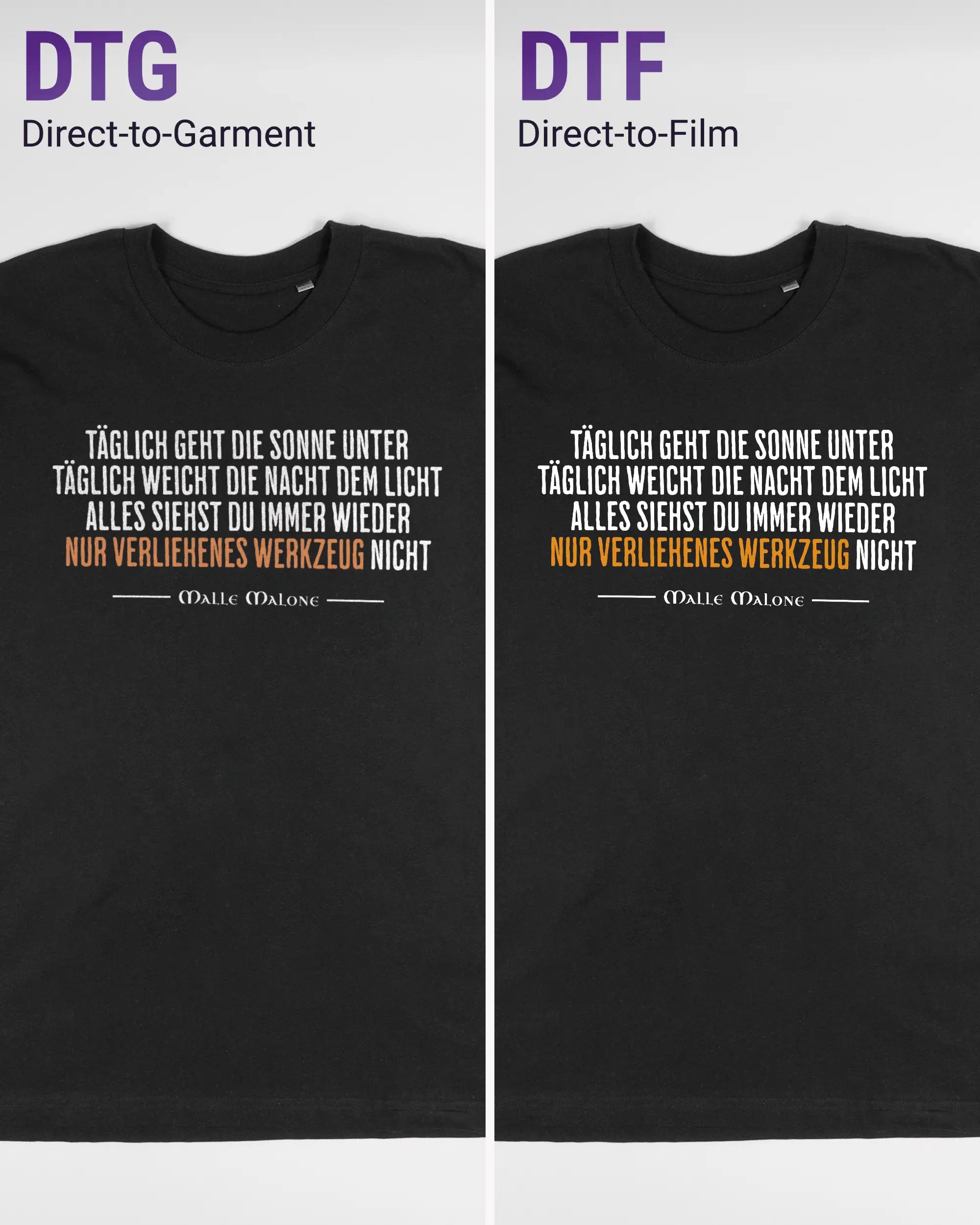 Vergleich der Vorderseiten des Basic Unisex T-Shirt Oversized von Maondo mit dem Design Wegzeug in der Farbe Black und in der Größe L links mit dem Direct-to-Garment und rechts mit dem Direct-to-Film Verfahren