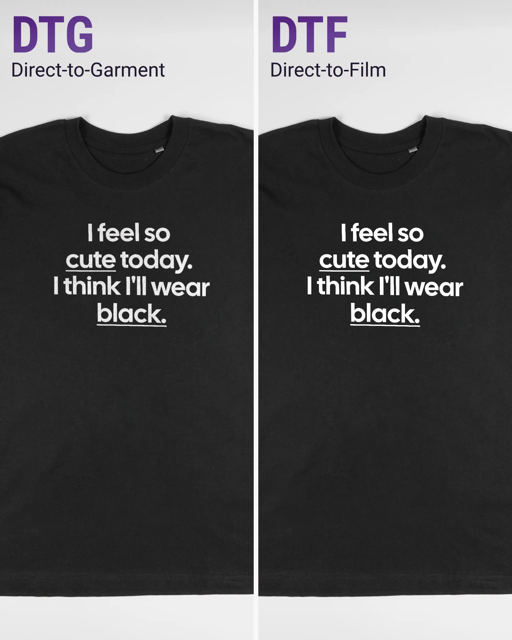 Vergleich der Vorderseiten des Basic Unisex T-Shirt Oversized von Maondo mit dem Design Colorful Day in der Farbe Black und in der Größe L links mit dem Direct-to-Garment und rechts mit dem Direct-to-Film Verfahren