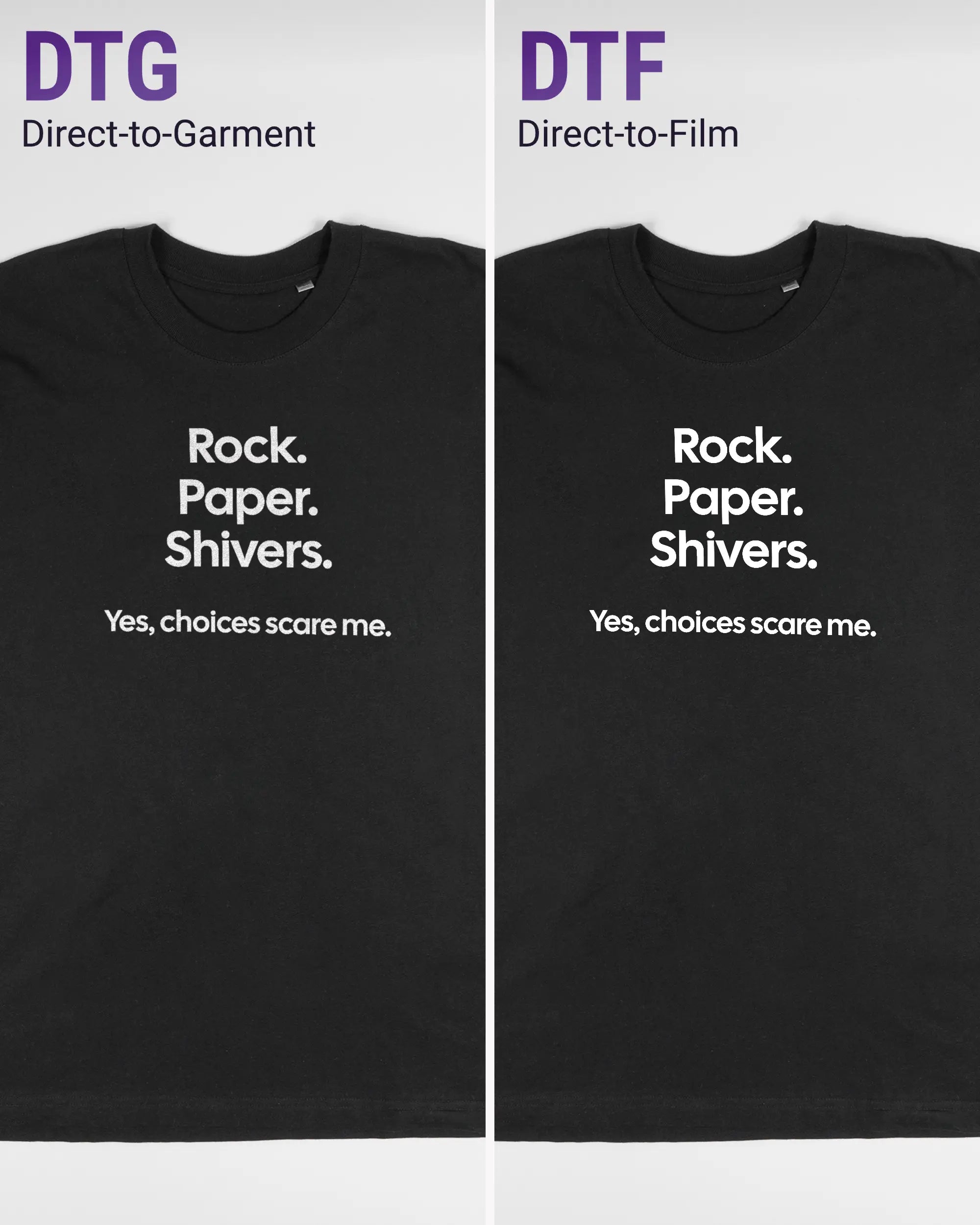 Vergleich der Vorderseiten des Basic Unisex T-Shirt Oversized von Maondo mit dem Design Rock Paper Shivers in der Farbe Black und in der Größe L links mit dem Direct-to-Garment und rechts mit dem Direct-to-Film Verfahren