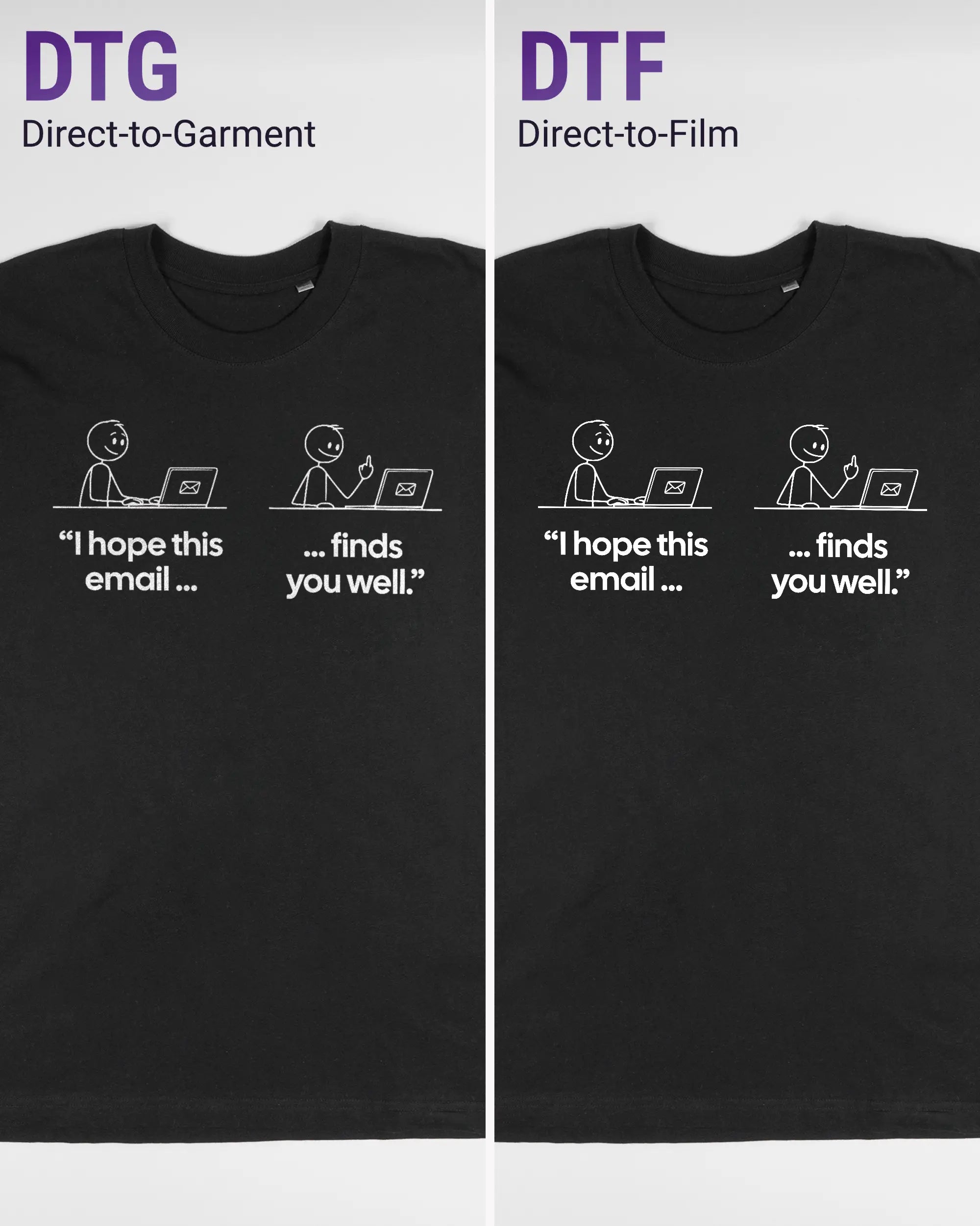 Vergleich der Vorderseiten des Basic Unisex T-Shirt Oversized von Maondo mit dem Design Found me not well in der Farbe Black und in der Größe L links mit dem Direct-to-Garment und rechts mit dem Direct-to-Film Verfahren