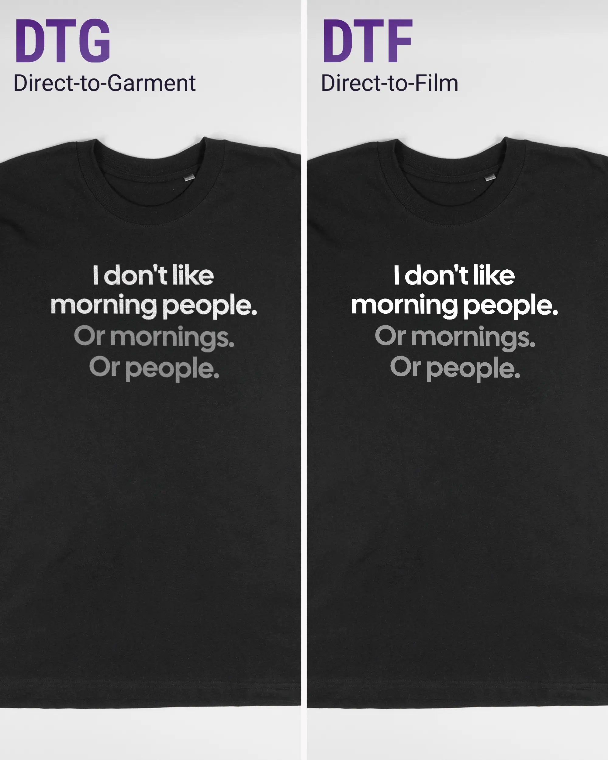 Vergleich der Vorderseiten des Basic Unisex T-Shirt Oversized von Maondo mit dem Design Morning Person in der Farbe Black und in der Größe L links mit dem Direct-to-Garment und rechts mit dem Direct-to-Film Verfahren