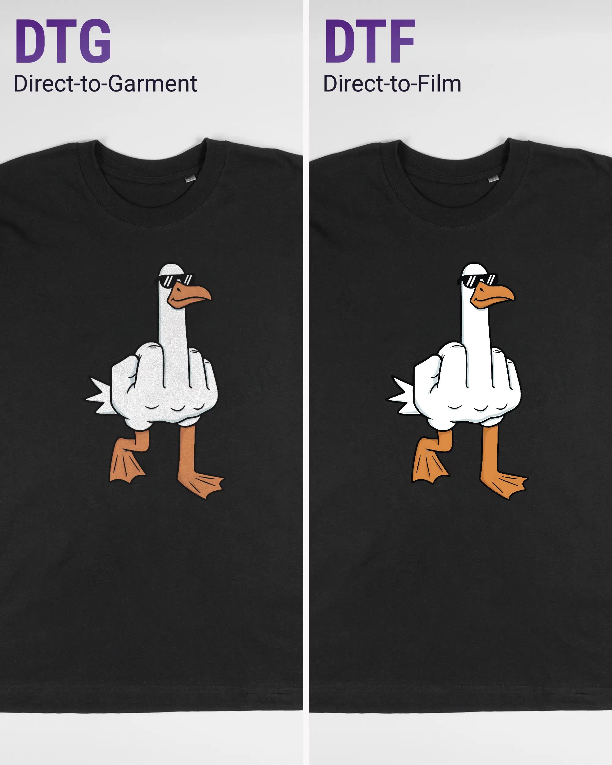 Vergleich der Vorderseiten des Basic Unisex T-Shirt Oversized von Maondo mit dem Design I give a duck in der Farbe Black und in der Größe L links mit dem Direct-to-Garment und rechts mit dem Direct-to-Film Verfahren