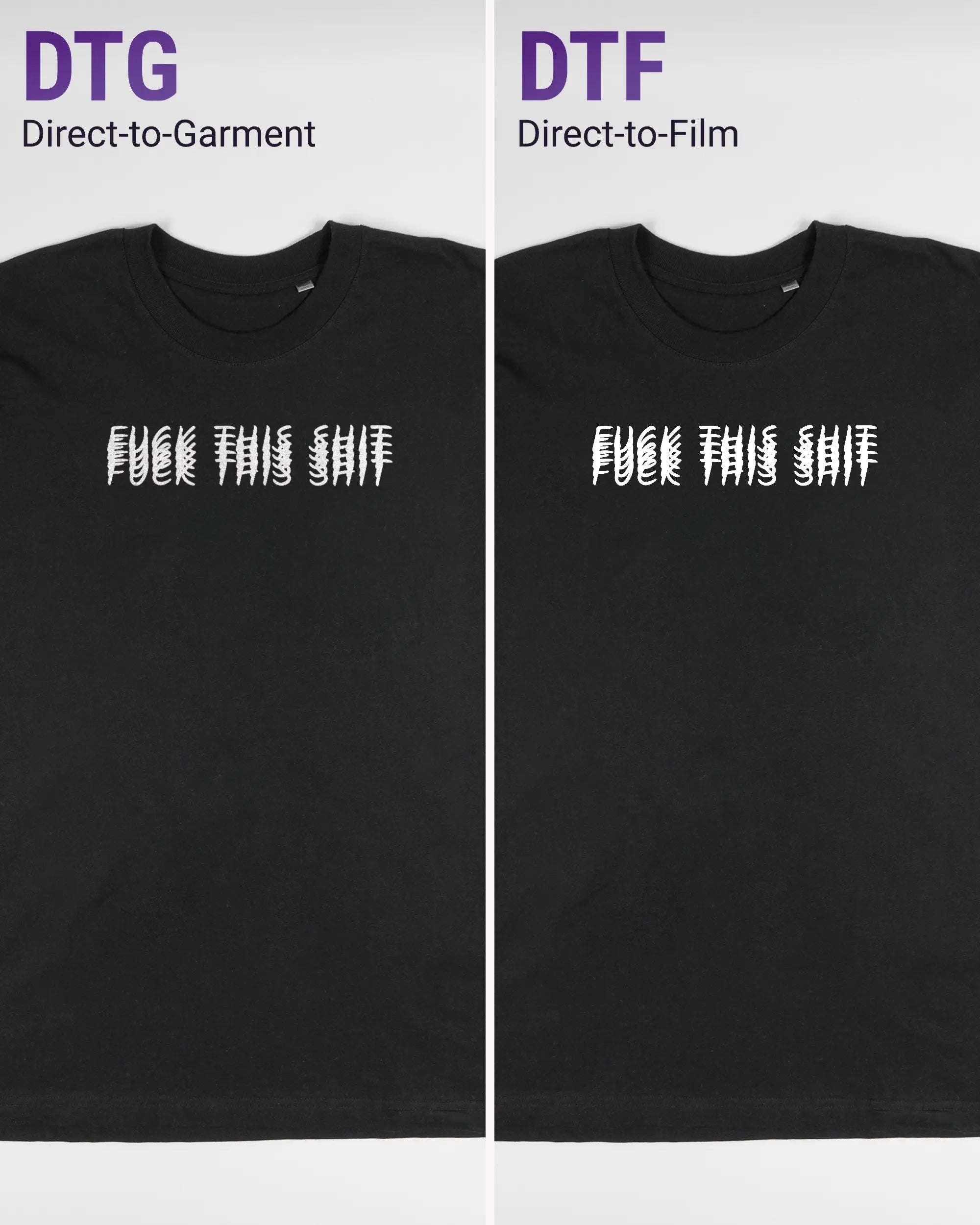 Vergleich der Vorderseiten des Basic Unisex T-Shirt Oversized von Maondo mit dem Design Hidden Message in der Farbe Black und in der Größe L links mit dem Direct-to-Garment und rechts mit dem Direct-to-Film Verfahren