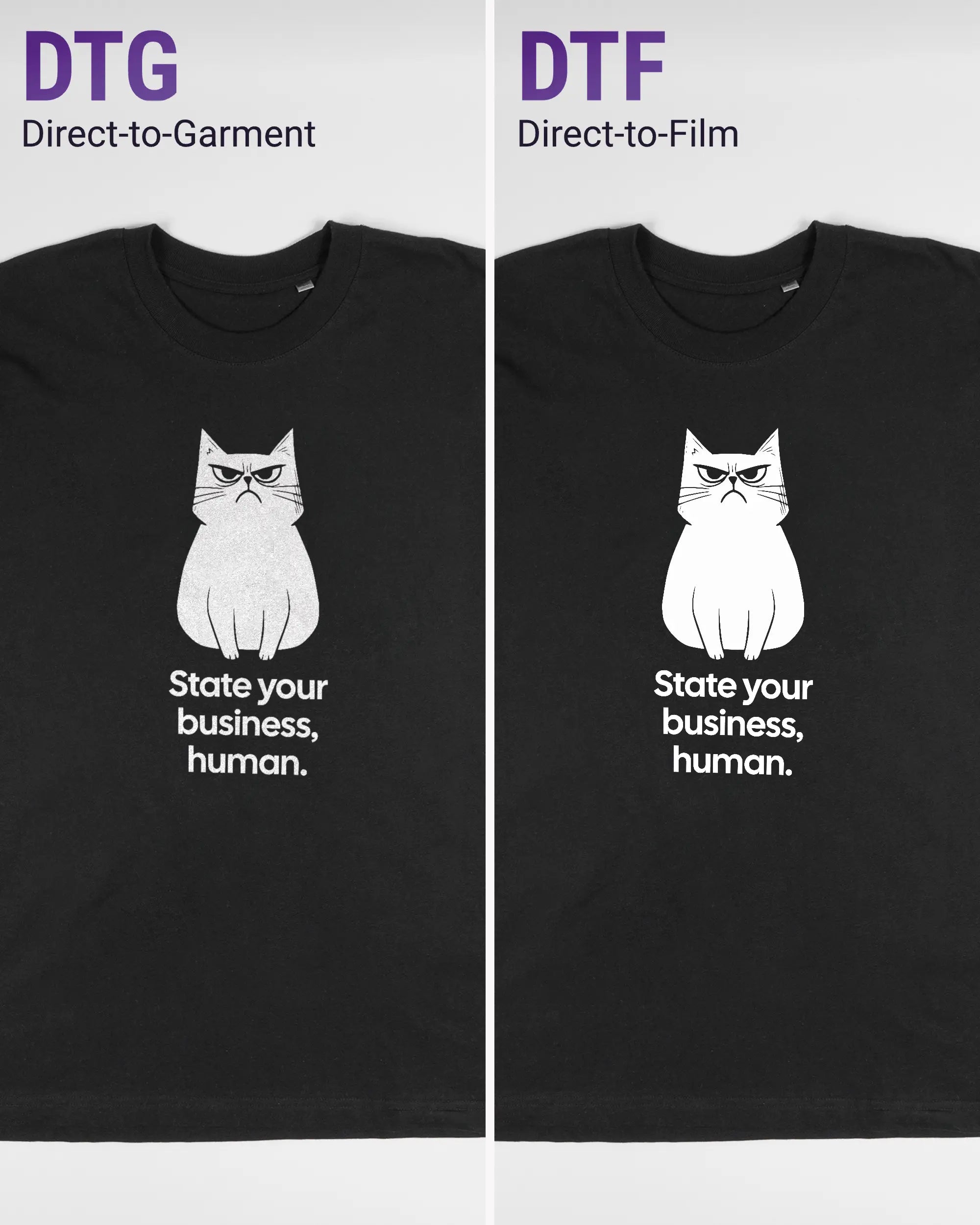 Vergleich der Vorderseiten des Basic Unisex T-Shirt Oversized von Maondo mit dem Design Grumpy Purr in der Farbe Black und in der Größe L links mit dem Direct-to-Garment und rechts mit dem Direct-to-Film Verfahren