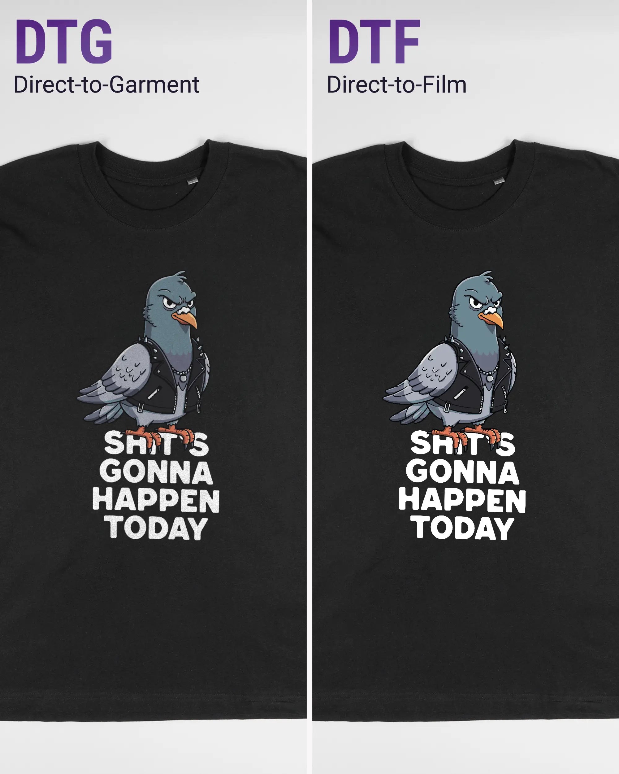 Vergleich der Vorderseiten des Basic Unisex T-Shirt Oversized von Maondo mit dem Design Pigeon Pun in der Farbe Black und in der Größe L links mit dem Direct-to-Garment und rechts mit dem Direct-to-Film Verfahren