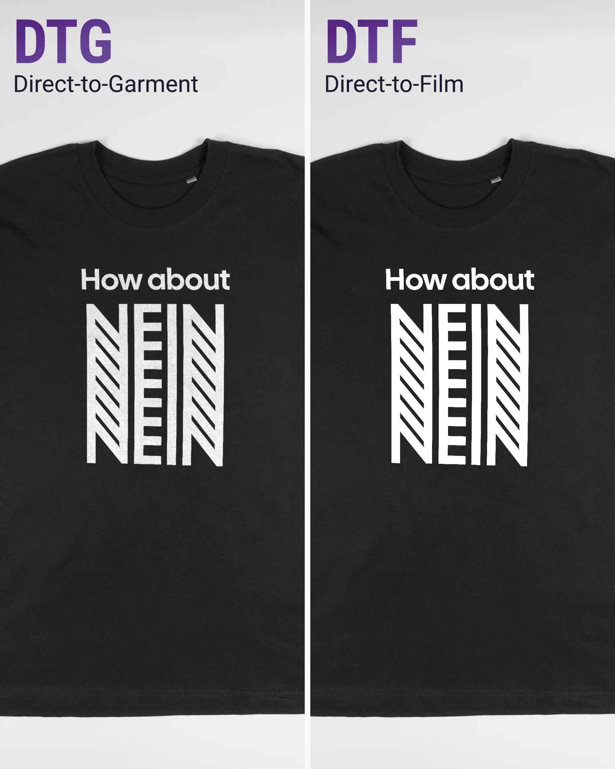 Vergleich der Vorderseiten des Basic Unisex T-Shirt Oversized von Maondo mit dem Design How about nein in der Farbe Black und in der Größe L links mit dem Direct-to-Garment und rechts mit dem Direct-to-Film Verfahren
