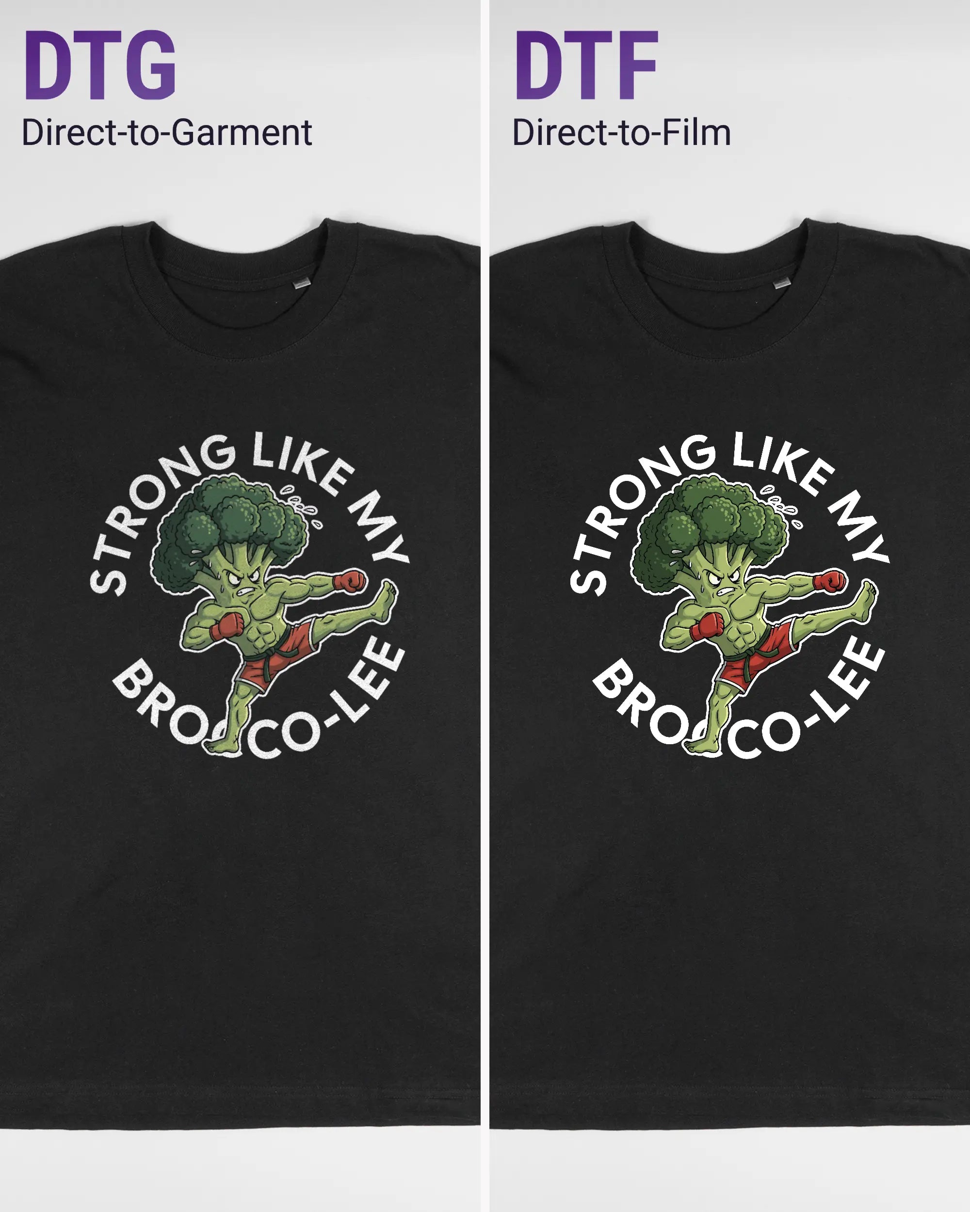 Vergleich der Vorderseiten des Basic Unisex T-Shirt Oversized von Maondo mit dem Design Brocco-Lee in der Farbe Black und in der Größe L links mit dem Direct-to-Garment und rechts mit dem Direct-to-Film Verfahren