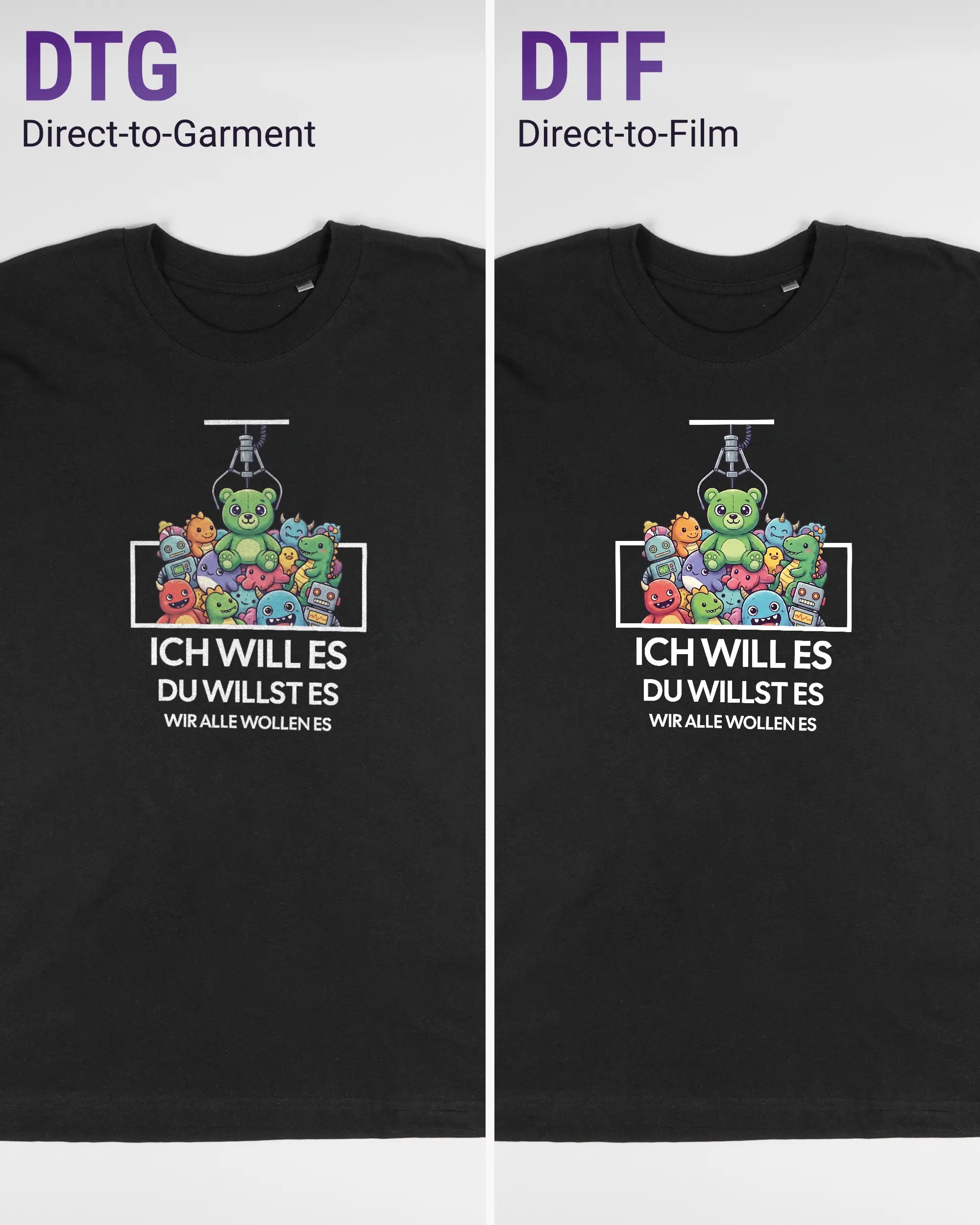 Vergleich der Vorderseiten des Basic Unisex T-Shirt Oversized von Maondo mit dem Design Will Stofftier in der Farbe Black und in der Größe L links mit dem Direct-to-Garment und rechts mit dem Direct-to-Film Verfahren