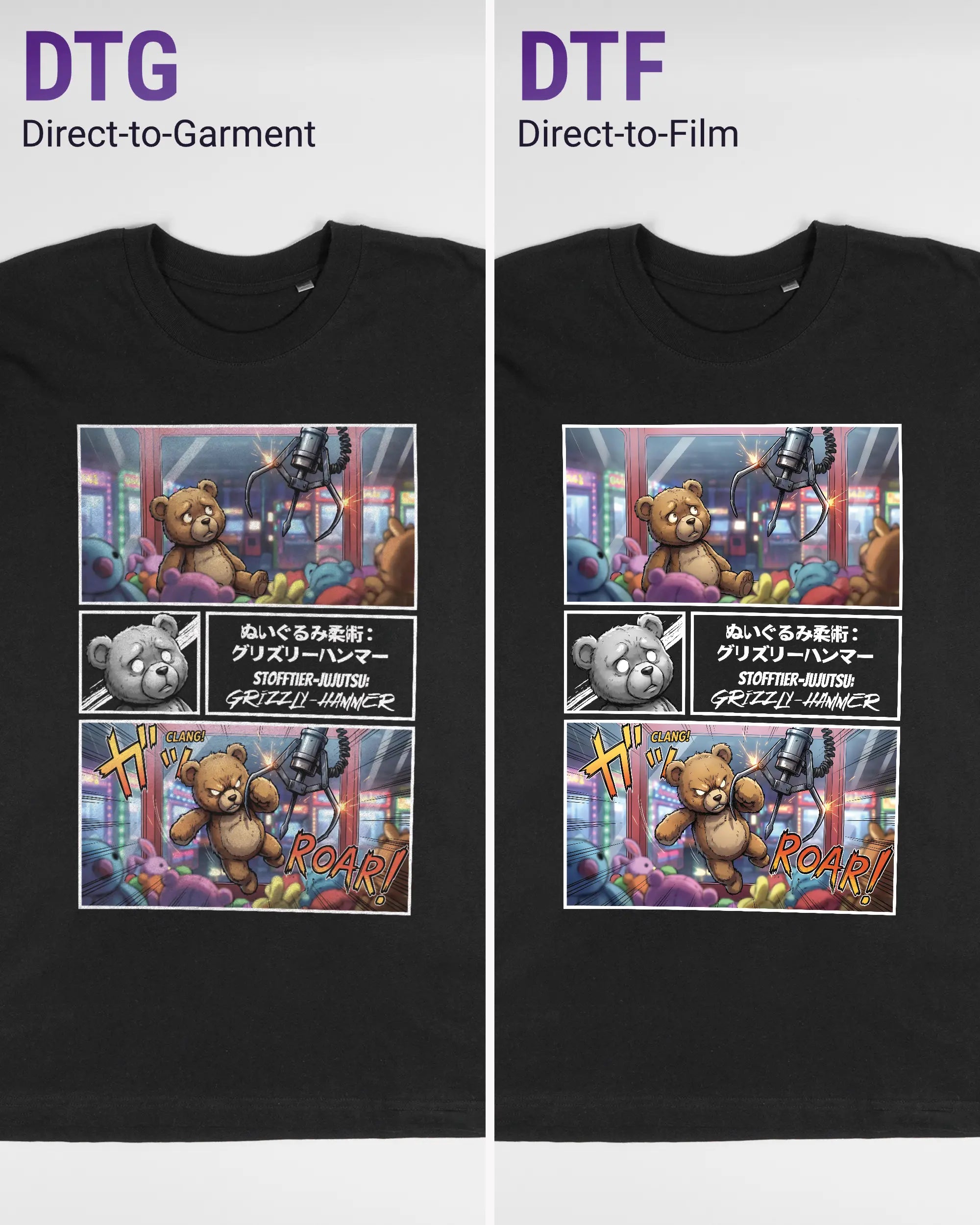 Vergleich der Vorderseiten des Basic Unisex T-Shirt Oversized von Maondo mit dem Design Manga Stoff in der Farbe Black und in der Größe L links mit dem Direct-to-Garment und rechts mit dem Direct-to-Film Verfahren