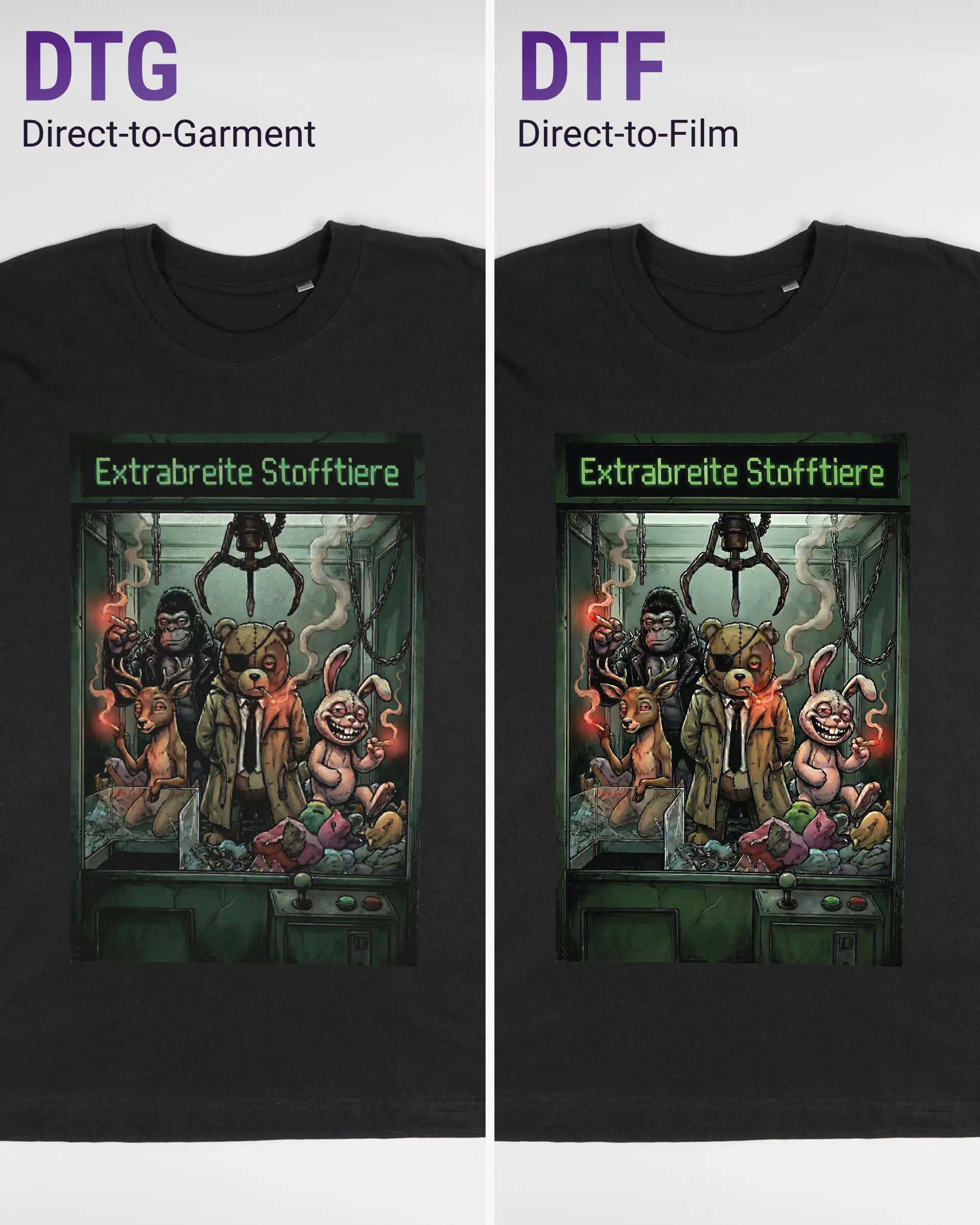 Vergleich der Vorderseiten des Basic Unisex T-Shirt Oversized von Maondo mit dem Design Extrabreit in der Farbe Black und in der Größe L links mit dem Direct-to-Garment und rechts mit dem Direct-to-Film Verfahren